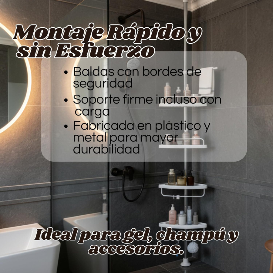 organizador de   para ducha, barra de tensión de acero inoxidable para ducha, equipada con   estantes ajustables, organizador de ducha a prueba de  , práctico estante de almacenamiento, de 1 a 2.6 metros y de 1 a 3.2 metros. Detalles del producto 0