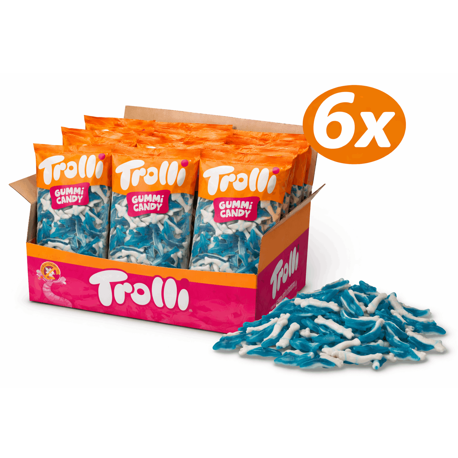 Image of 6x Trolli Sharks 1 Kg Bag Of Fruit Gum, Large Family Pack, Soft Chewy Candies For Party And Office