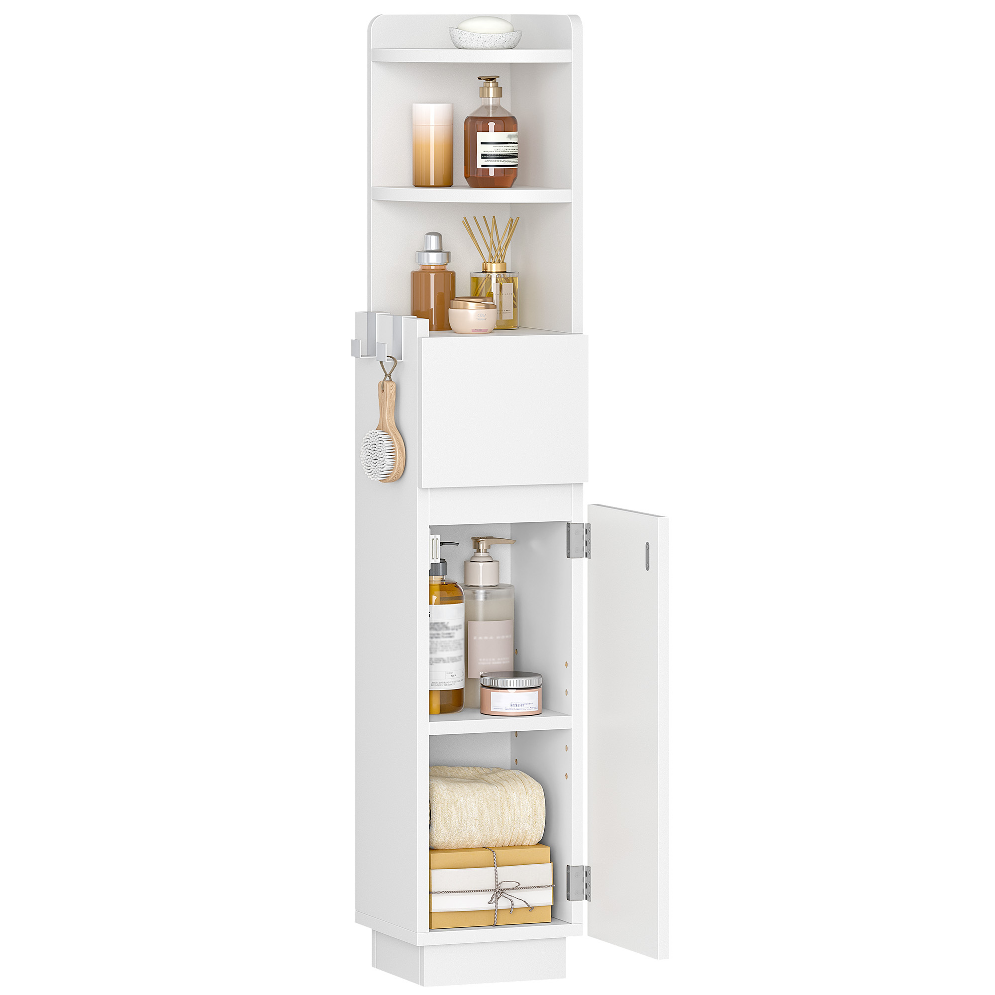 Image of Bathroom Cabinet, Corner Cabinet, Wc Cabinet, Narrow Bathroom Shelf With Adjustable Shelf, 1 Drawer And 2 Open Compartments, 20 X 20 X 98 Cm, White