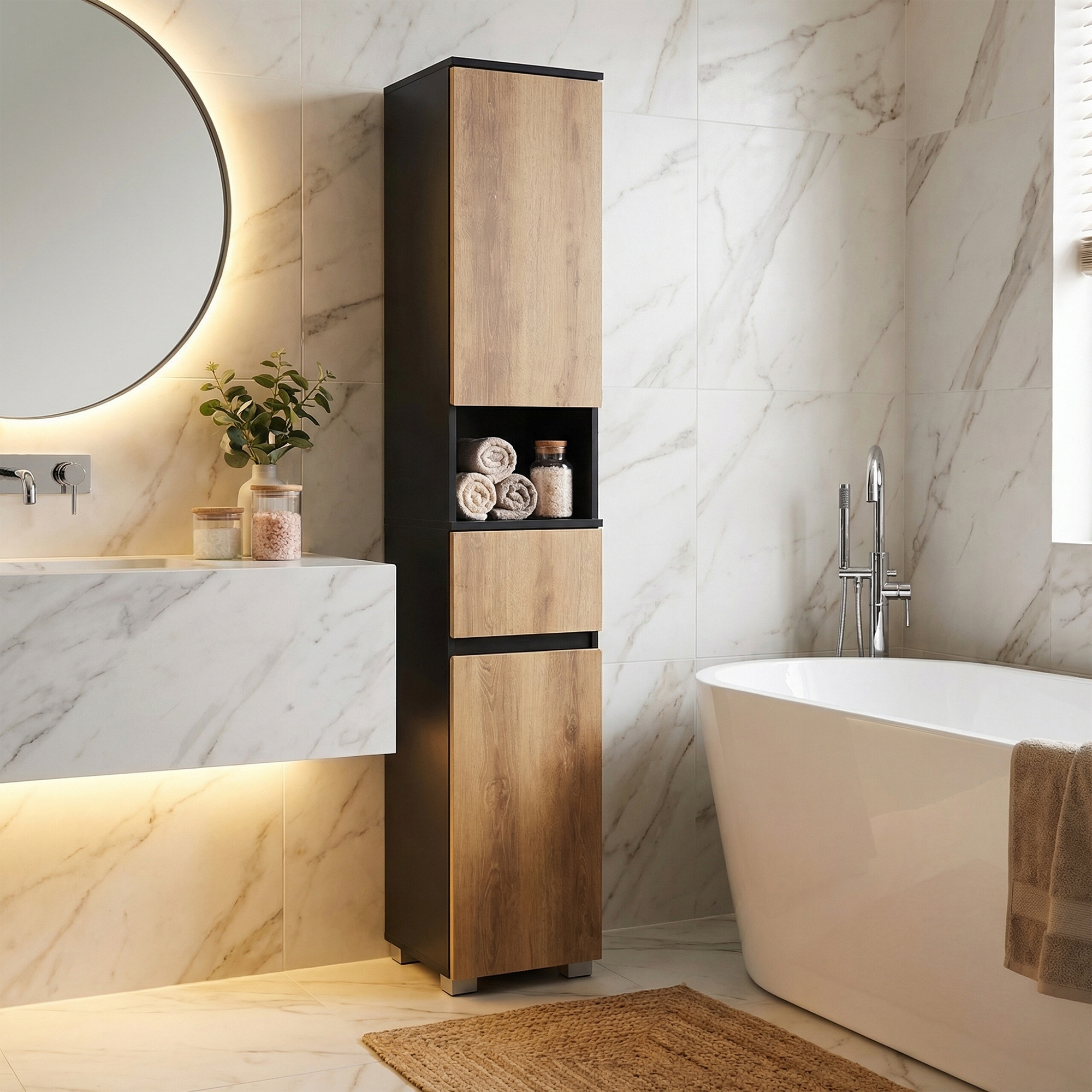 Vanity Unit, Bathroom Furniture With Drawer, Adjustable Shelves, Open Compartment, 30 X 30 X 170.2 Cm, Black-brown