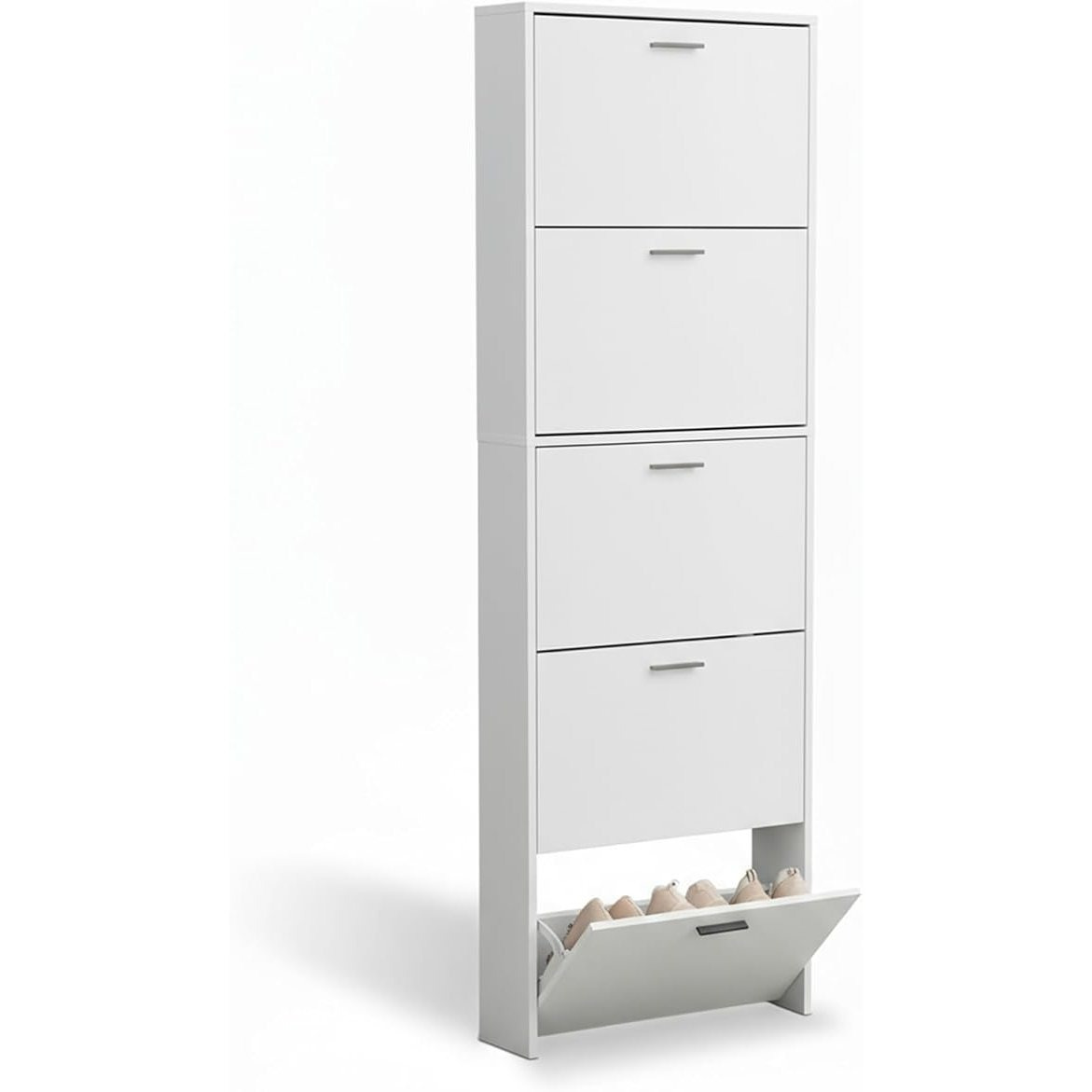Image of Wooden Shoe Cabinet For Entryway, Narrow Storage, And Enclosed – 5 Flip-down Doors – Holds 15 Pairs