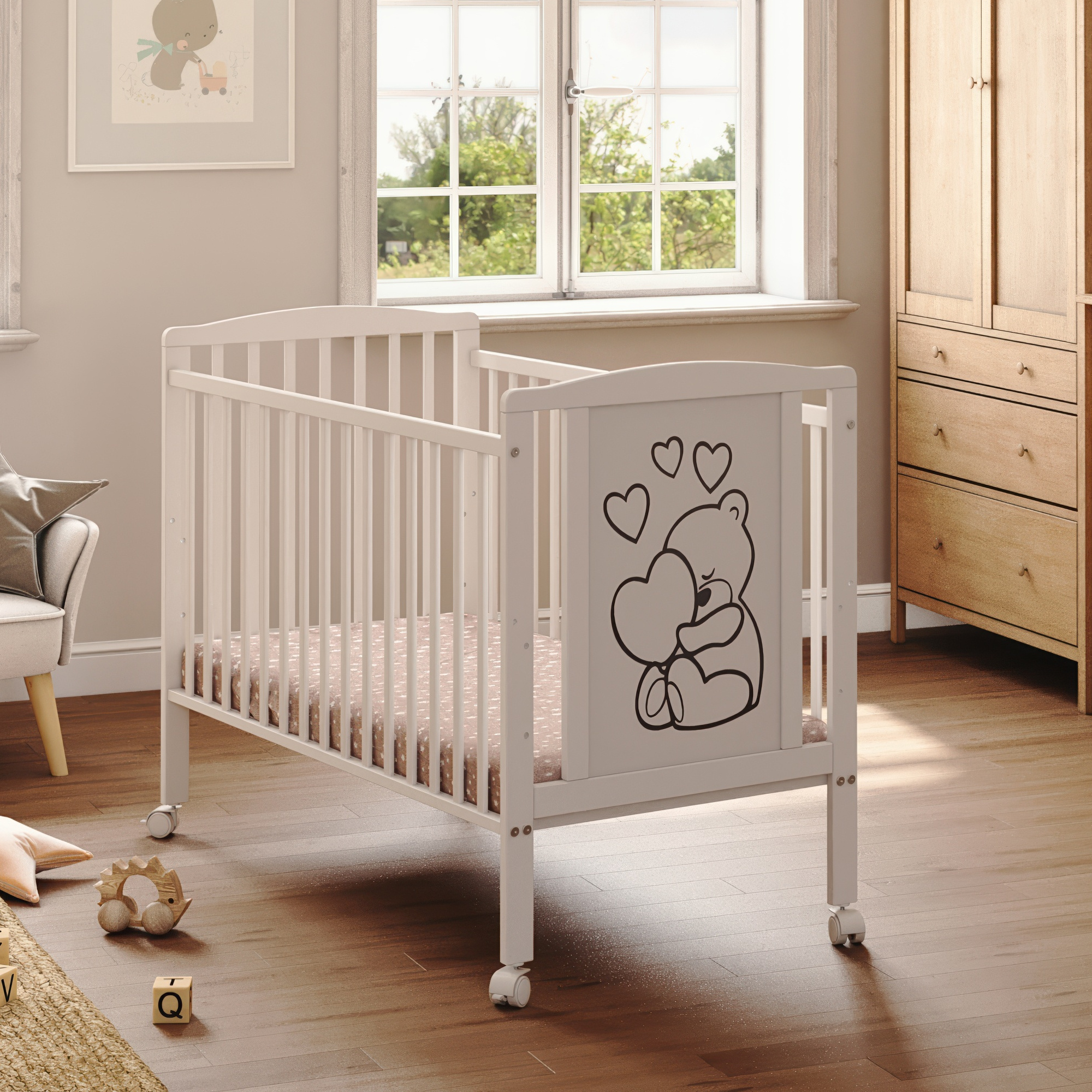 Children's Bed '' With A Teddy Bear With Hearts Pattern - Set With A Mattress