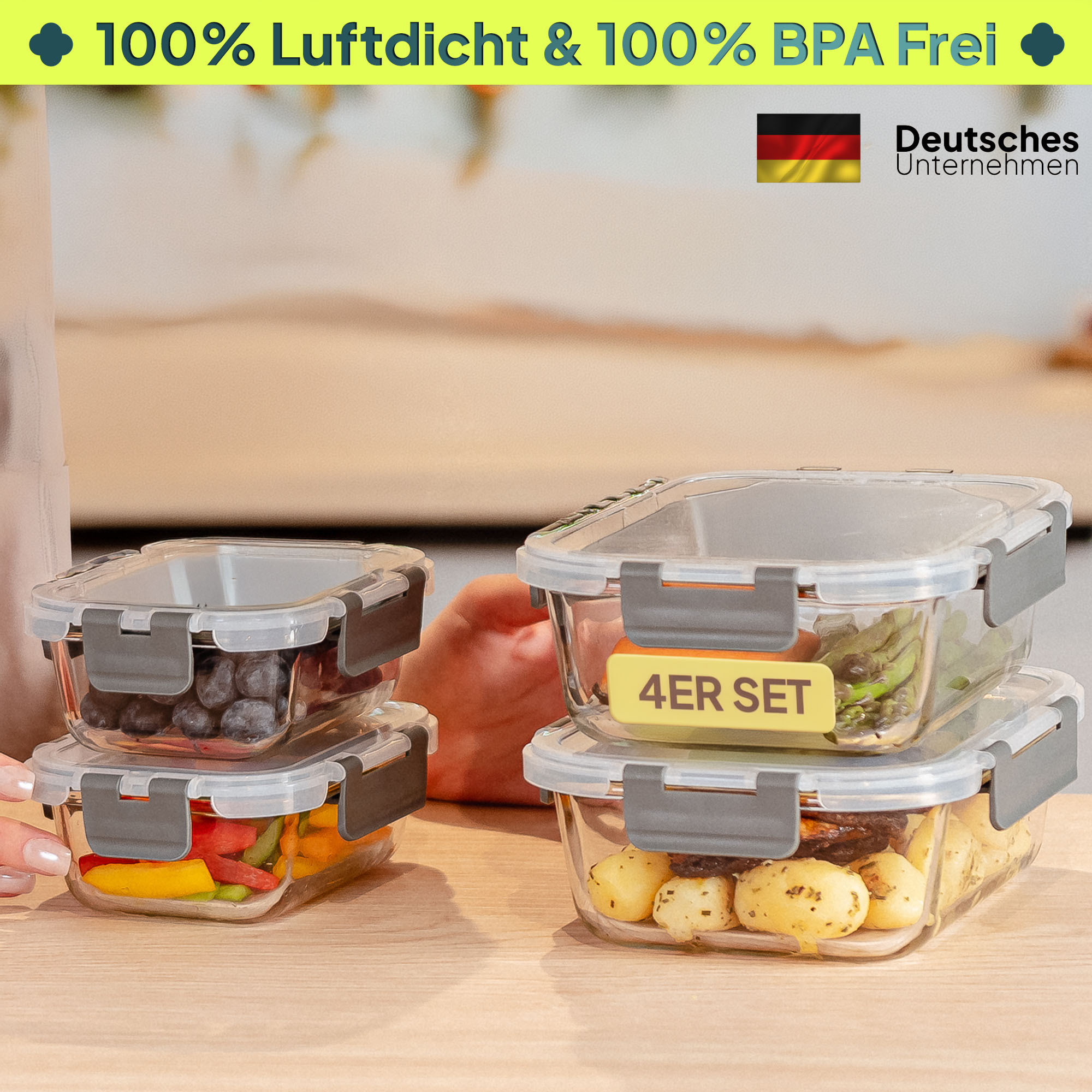 Image of 8-piece Glass Container Set With Lids, Meal Prep Jars, Glass Food Storage Containers With Lids, Glass Canisters With Lids, Meal Prep Boxes (4 Containers, 4 Lids)
