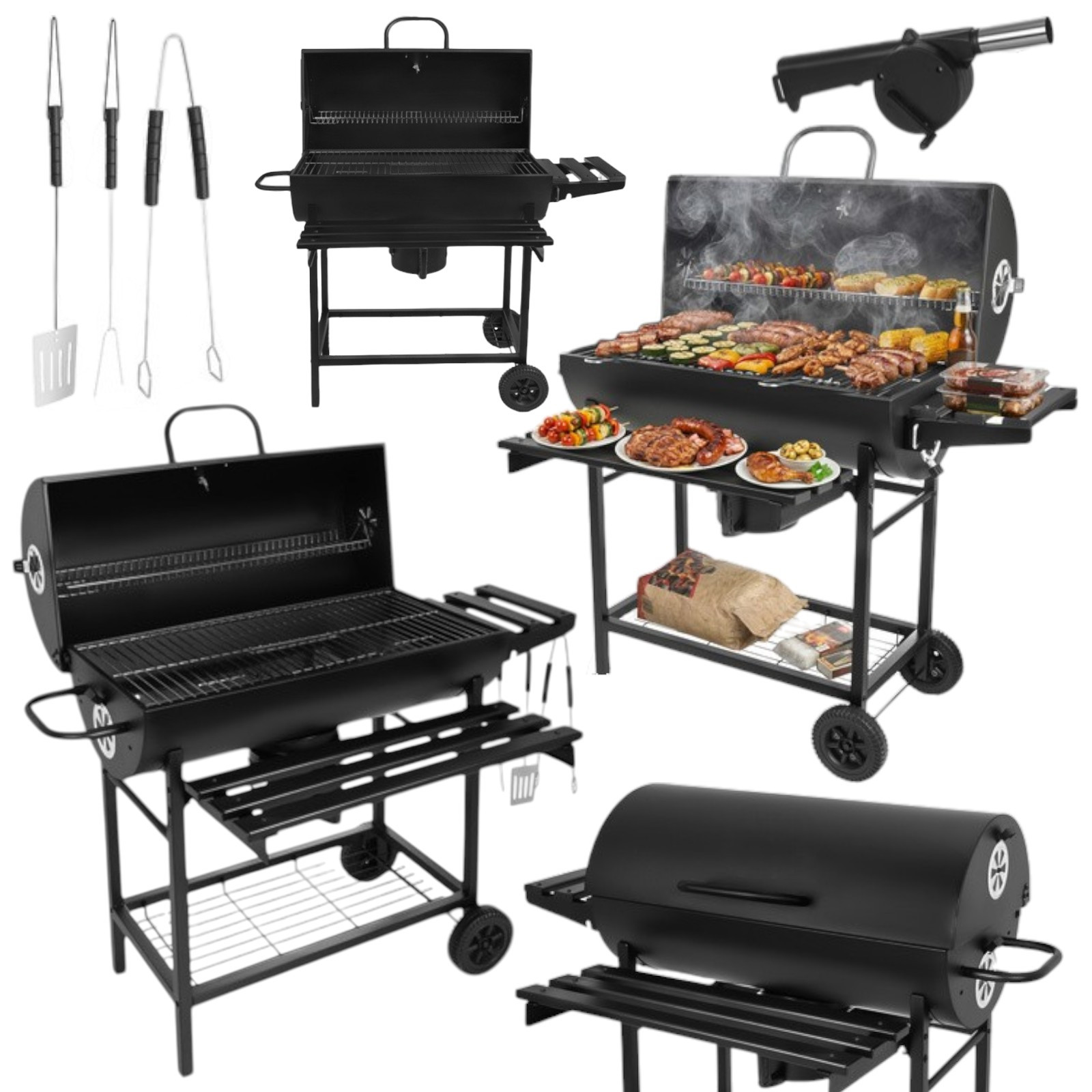 Charcoal Grill With Lid Outdoor Large With 2 Shelves Portable For Garden Thermometer Closing Ashtray 4 Circulation Holes Screens 2 Work Shelves Lower Shelf Wheels For Transport Non-heating Handle