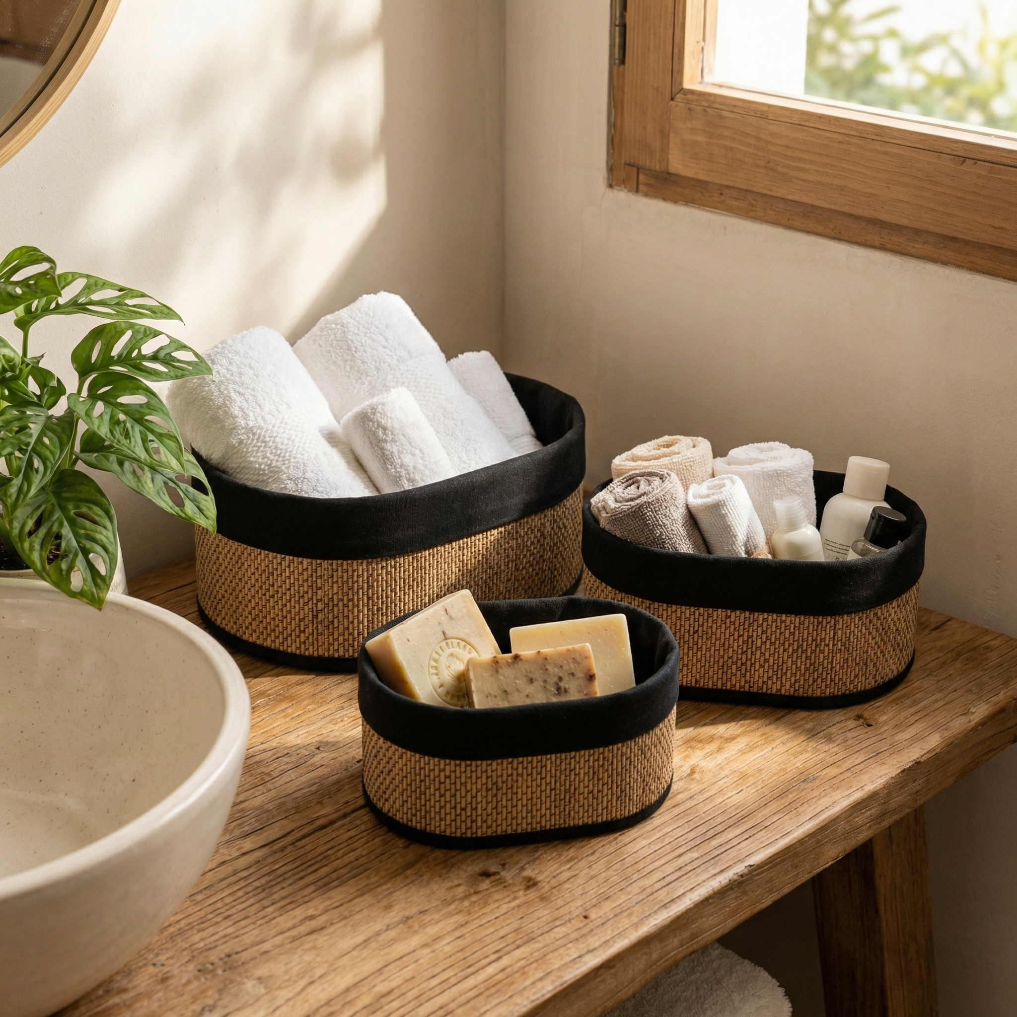 TEMU Set de 3 Cestas de Bambú – Cestas Organizadoras de Bambú ( y Marrón), Almacenaje Decorativo para Hogar, Baño, Cocina y