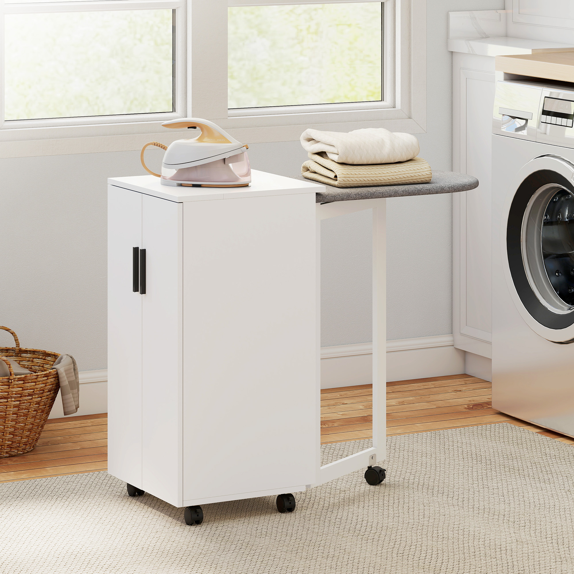 Collapsible Ironing Board Cabinet With 2 Doors And Adjustable Shelves, Foldable Ironing Table With Storage And Hinges, For Laundry Room, 99.5 X 83 Cm White