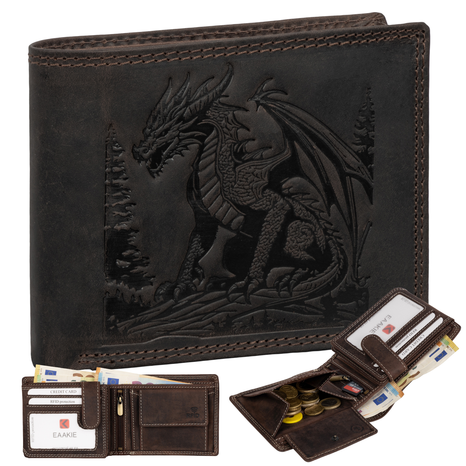 Men's Real Leather Rfid Wallet Buffalo Leather With Embossed Motif Black Horizontal Format Dragon