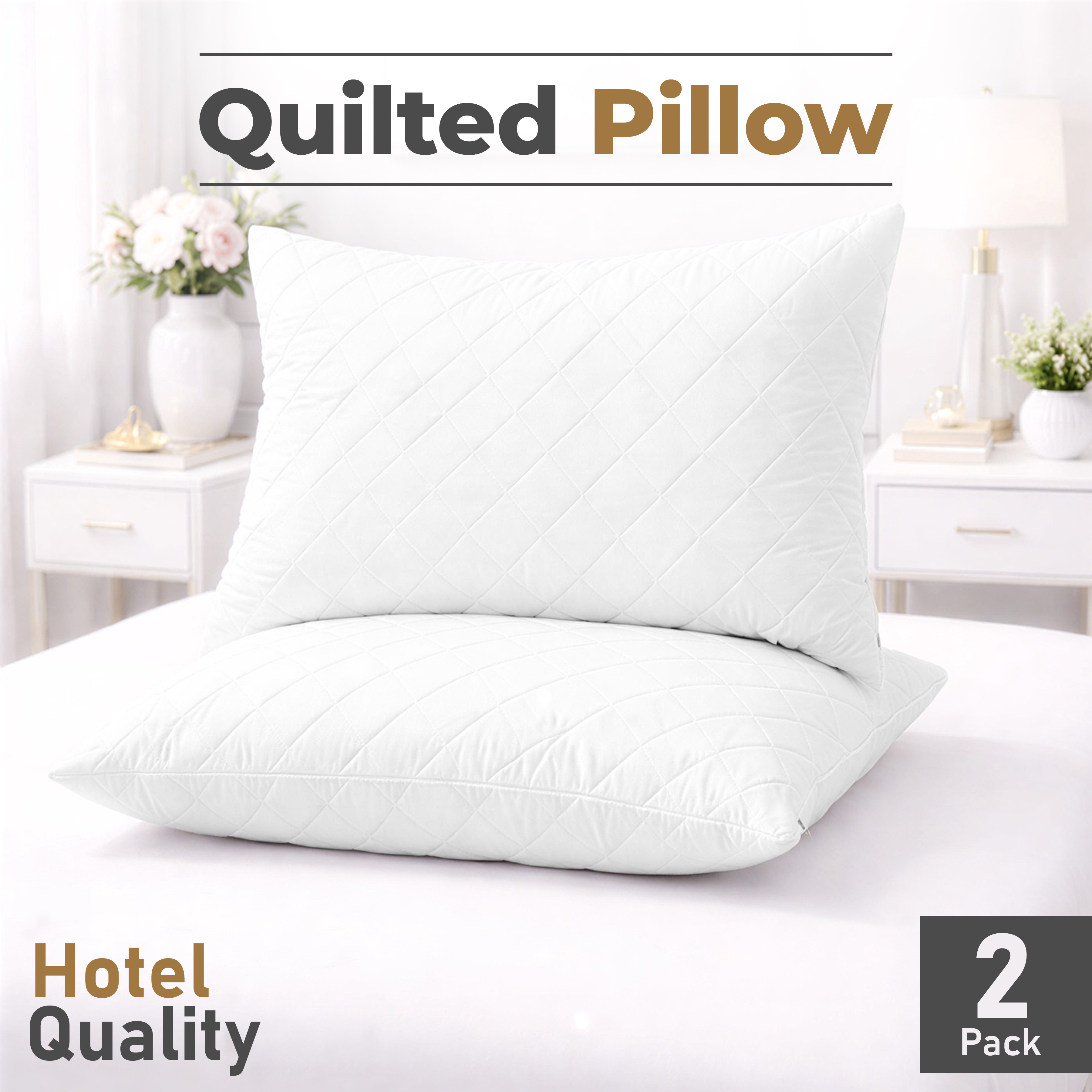Quilted 2 pack Filled Pillows, Soft Medium Sport Pillows, Luxury Soft Hollow Fibre Filling, UK Standard Size, Quilted Design with Medium Firmness, White - 74 x 48 cm