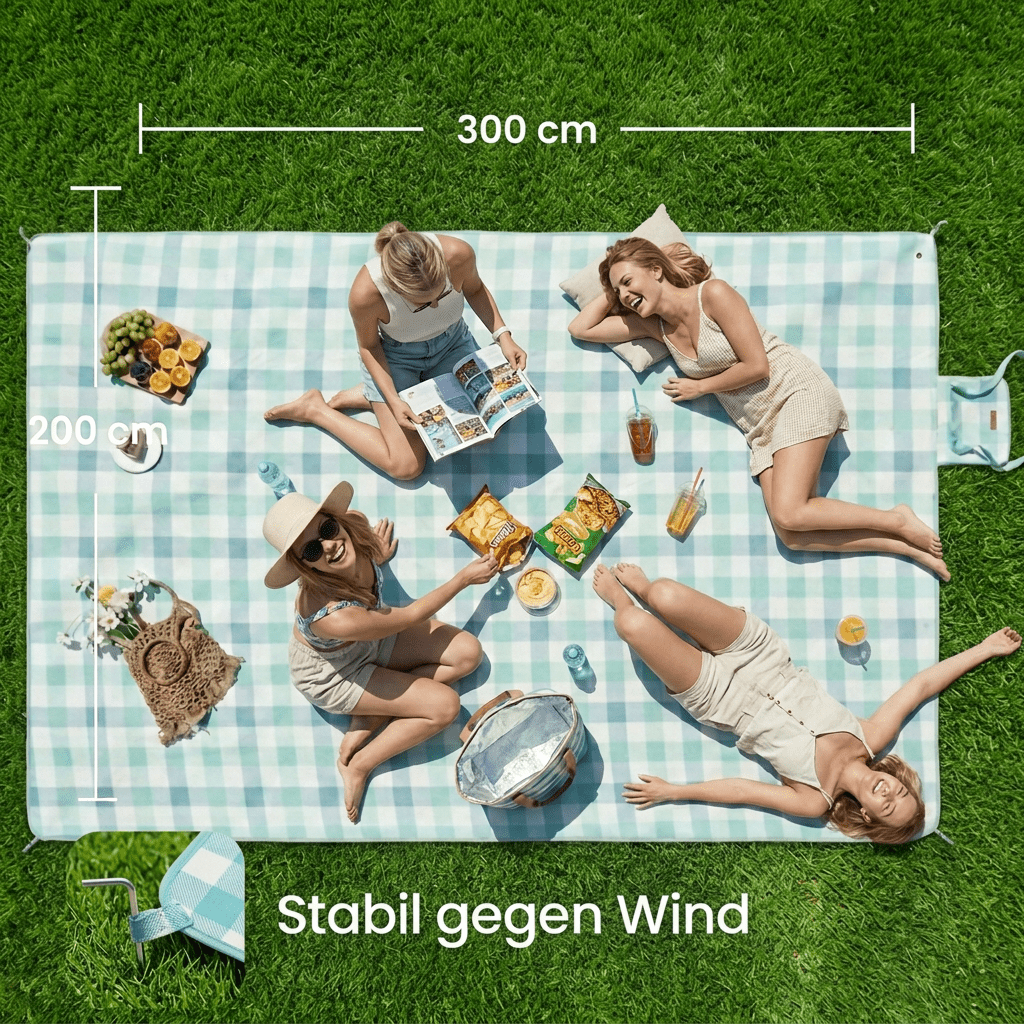E-shop Outdoor Picknickdecke 300x200 cm, mit 4-fach Bodenverankerung , Leicht Faltbar für Camping, Strand und Garten ( & Platzsparend)