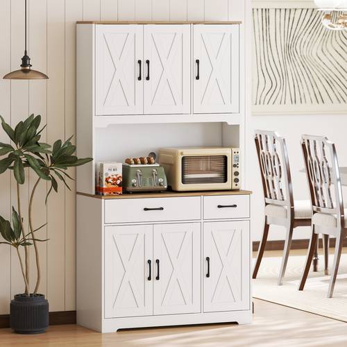 175 cm tall kitchen pantry cabinet with microwave stand farmhouse kitchen hutch freestanding pantry cupboard with 2 drawers 2 adjustable shelves and cable management white
