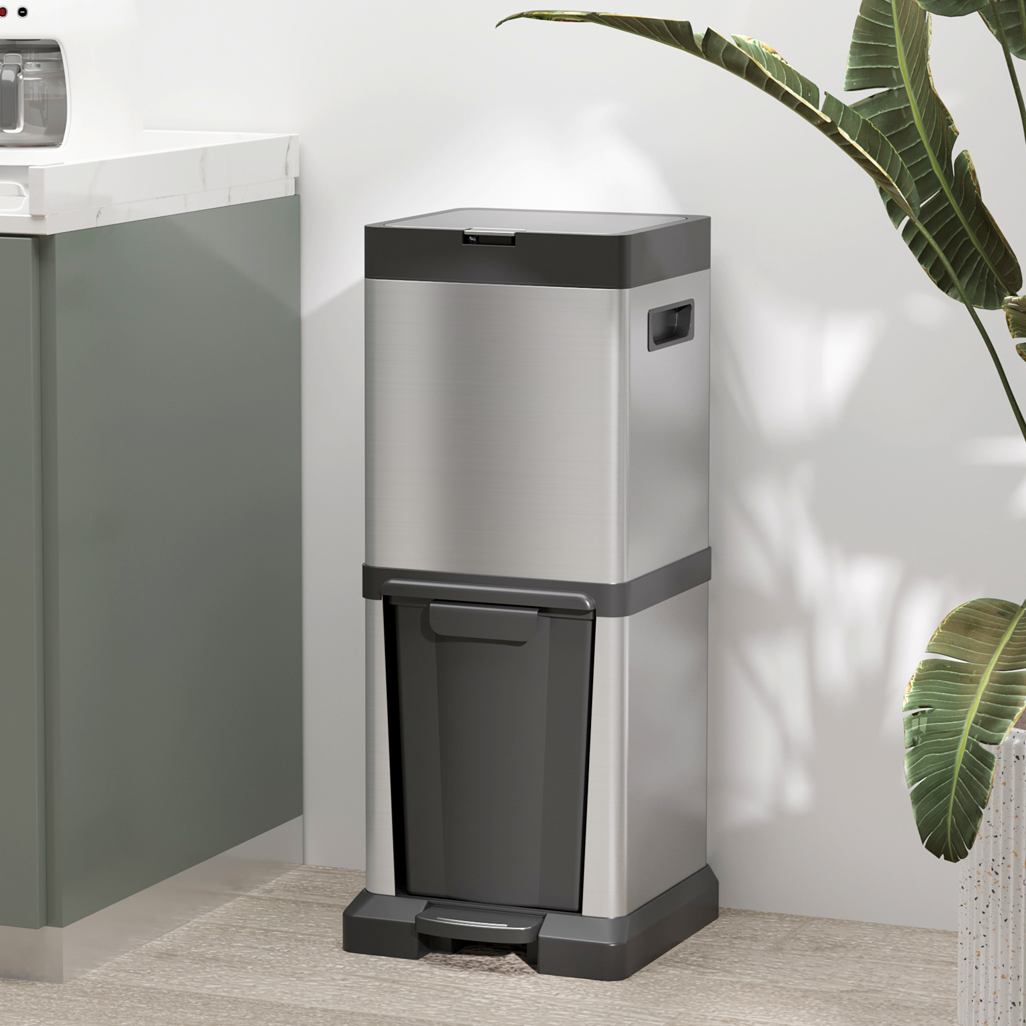 Image of Trash Can 20+14l Step Bin Waste Bin With Lid Foot Pedal Tilt Compartment Garbage Container With Removable Inner Bucket, Function For Living Room Office Stainless 32.5 X X 78 Cm