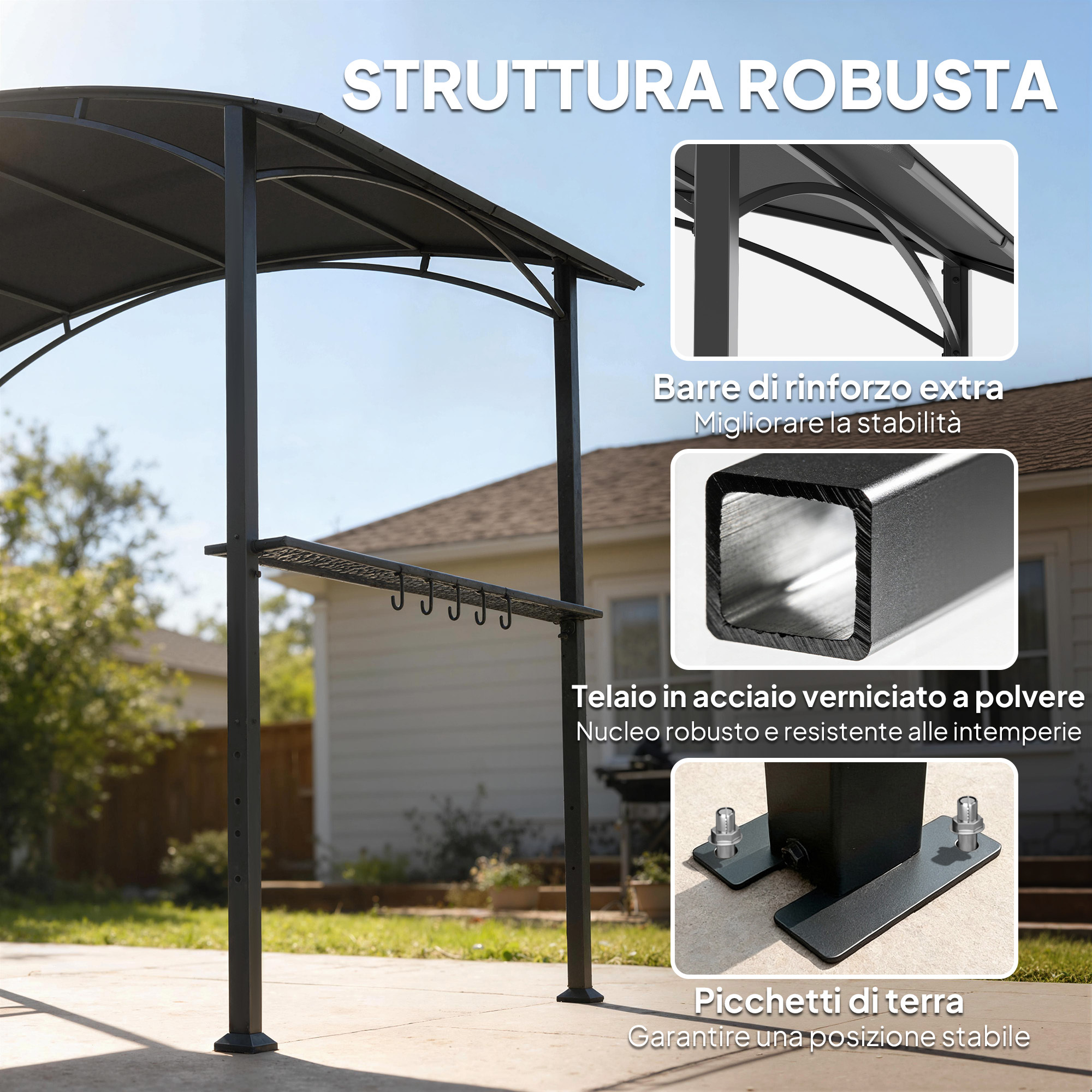 Outsunny BBQ Беседка 2.5x1.5 м, Барбекю Пергола с 2 Странични Рафта и Куки, Стоманена Рамка и Полиестерен Покрив за Градина, Тъмно Сива