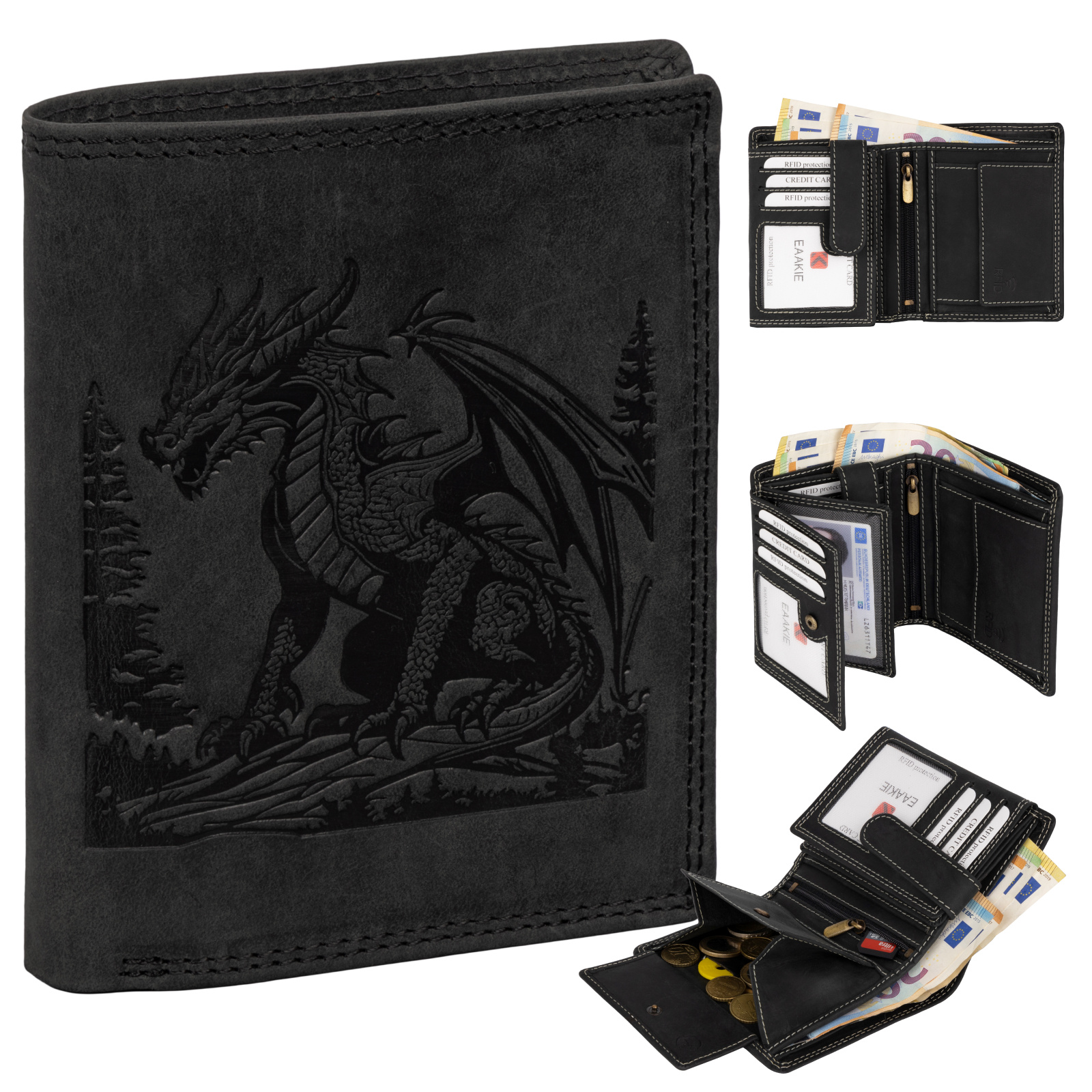 Image of Men's Real Leather Rfid Wallet Buffalo Leather With Embossed Motif Black Vertical Format Dragon