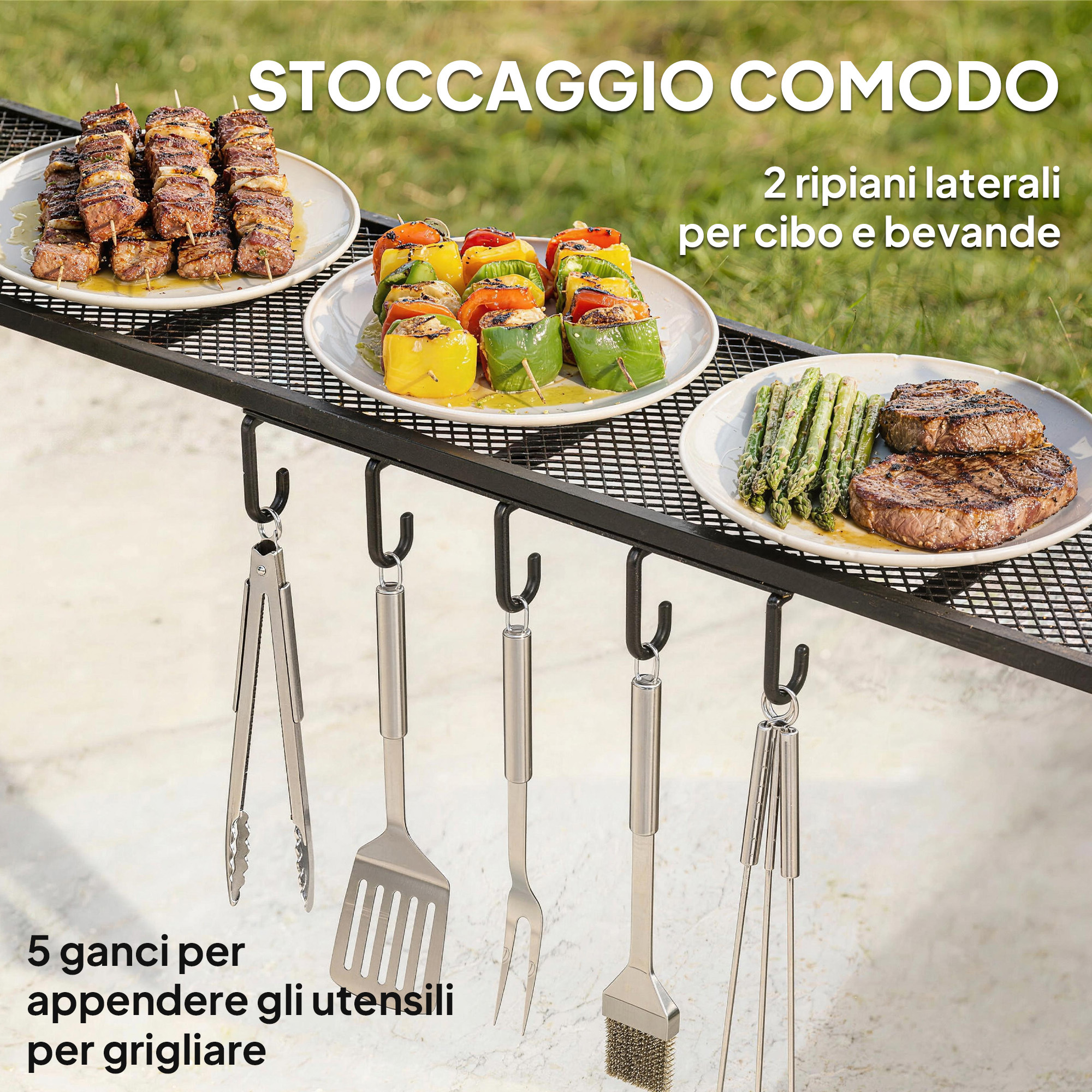 Outsunny BBQ Беседка 2.5x1.5 м, Барбекю Пергола с 2 Странични Рафта и Куки, Стоманена Рамка и Полиестерен Покрив за Градина, Тъмно Сива
