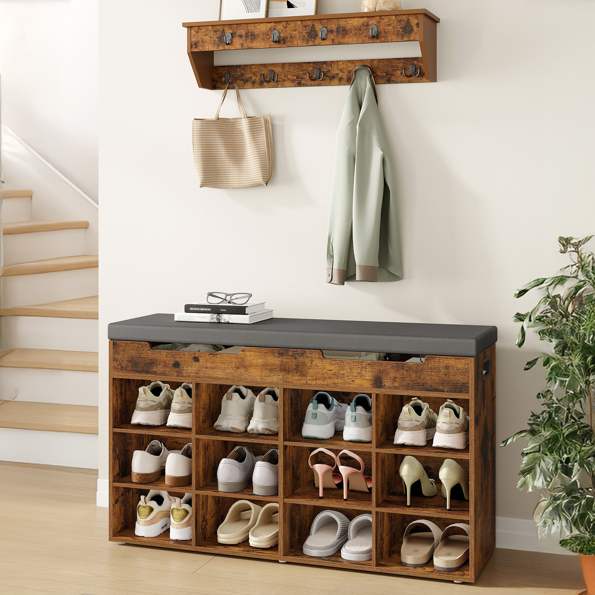 Image of Shoe Bench, Shoe Rack With Seat, Bench With Storage, 12 Compartments, Removable Shelves, Suitable For Living Room, Hallway, Entryway, 30 X 100 X 55 Cm