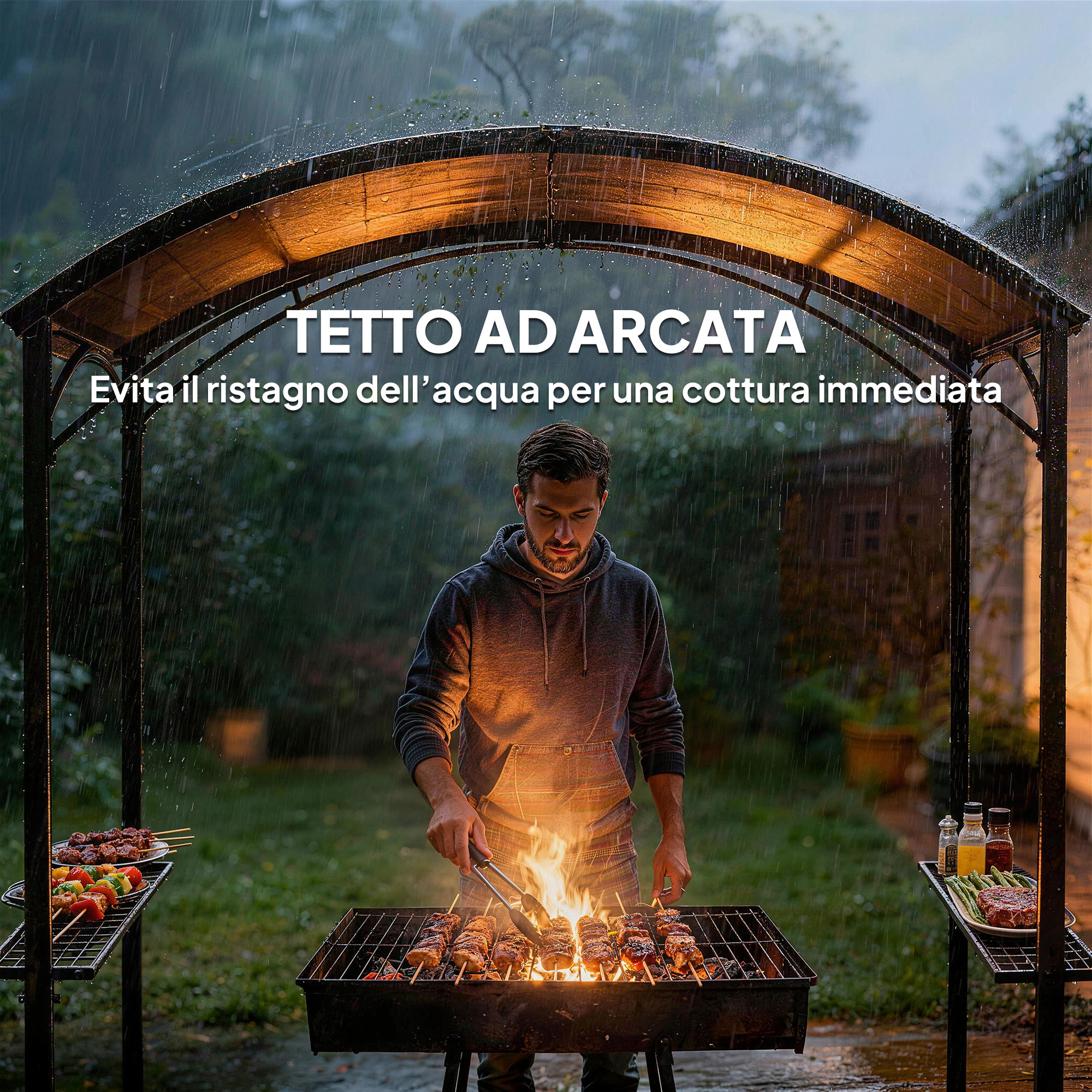 Outsunny BBQ Беседка 2.5x1.5 м, Барбекю Пергола с 2 Странични Рафта и Куки, Стоманена Рамка и Полиестерен Покрив за Градина, Тъмно Сива