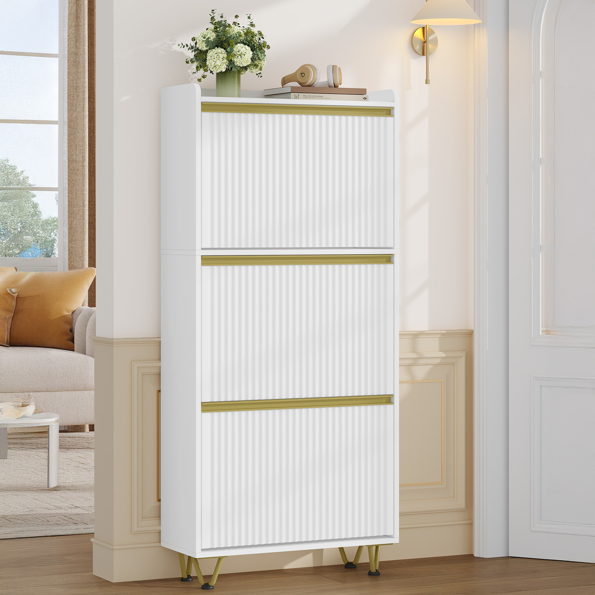 Image of Shoe Cabinet With 3 Flaps, Narrow Shoe Rack, Wavy Door Panel, Adjustable, Holds 16-18 Pairs, Shoe Dresser For Entryway, Hallway, Wardrobe, 24 X 60 X 146.5 Cm, White And Silver/white And Gold
