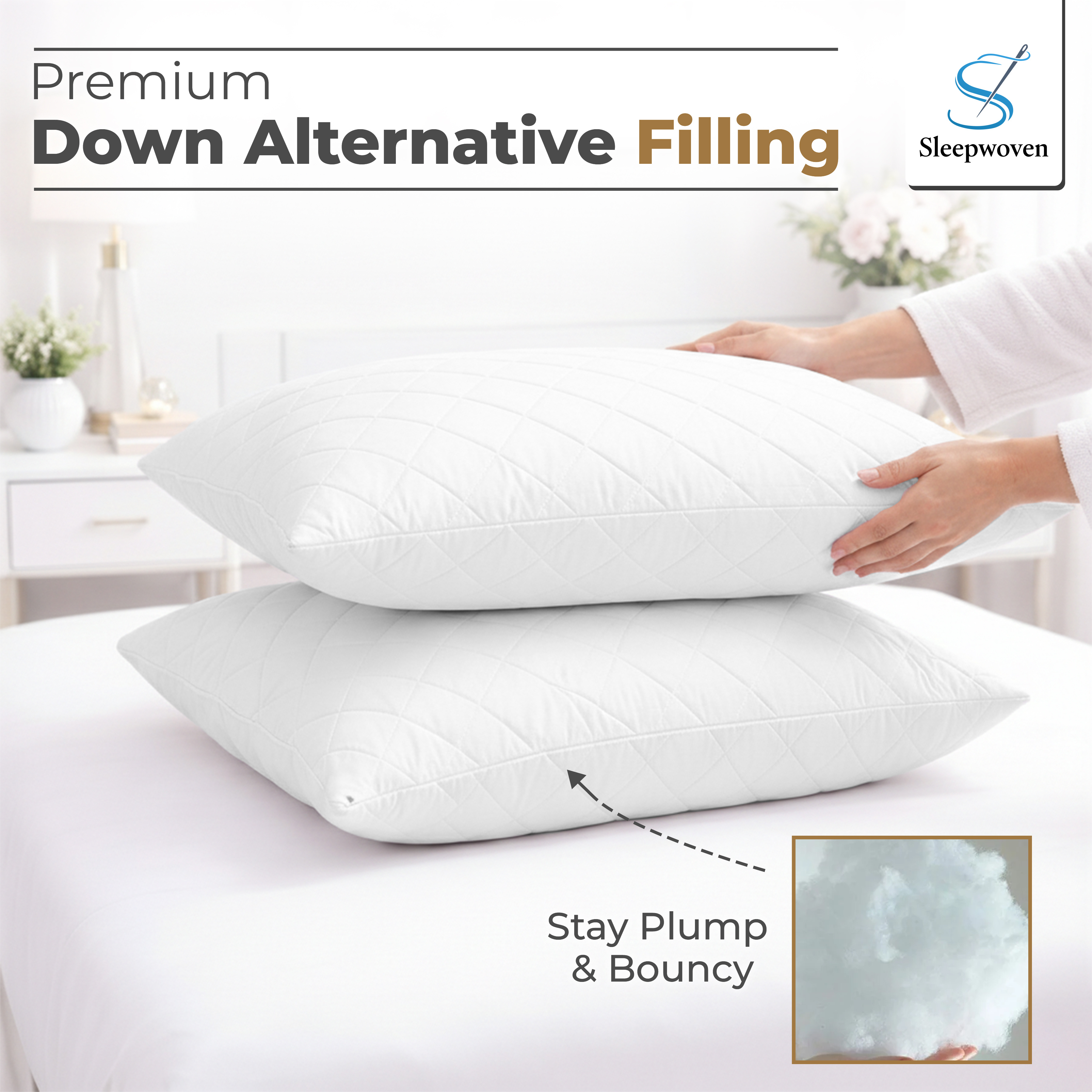 Quilted 2 pack Filled Pillows, Soft Medium Sport Pillows, Luxury Soft Hollow Fibre Filling, UK Standard Size, Quilted Design with Medium Firmness, White - 74 x 48 cm