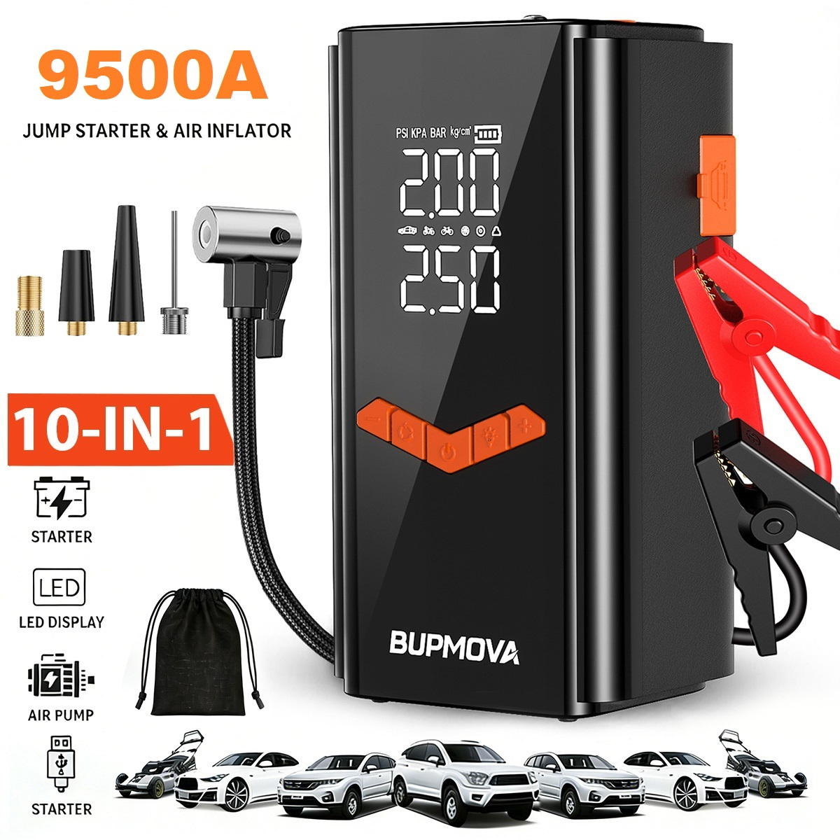 E-shop Auto-Starthilfe Luftkompressor Kabelloser Reifenluftpumpe, Batterie-Booster mit Powerbank & LED-Taschenlampe, Dual-Screen-Display, 12V