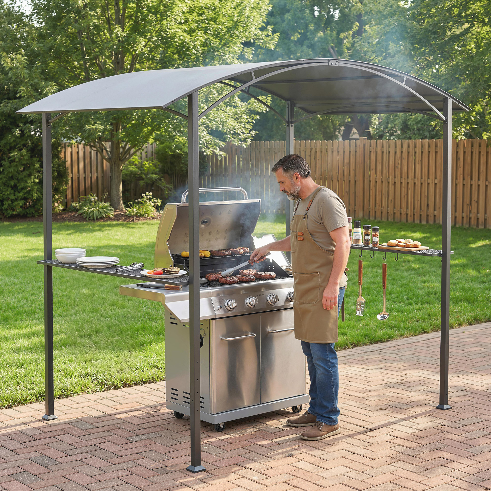 Outsunny BBQ Беседка 2.5x1.5 м, Барбекю Пергола с 2 Странични Рафта и Куки, Стоманена Рамка и Полиестерен Покрив за Градина, Тъмно Сива
