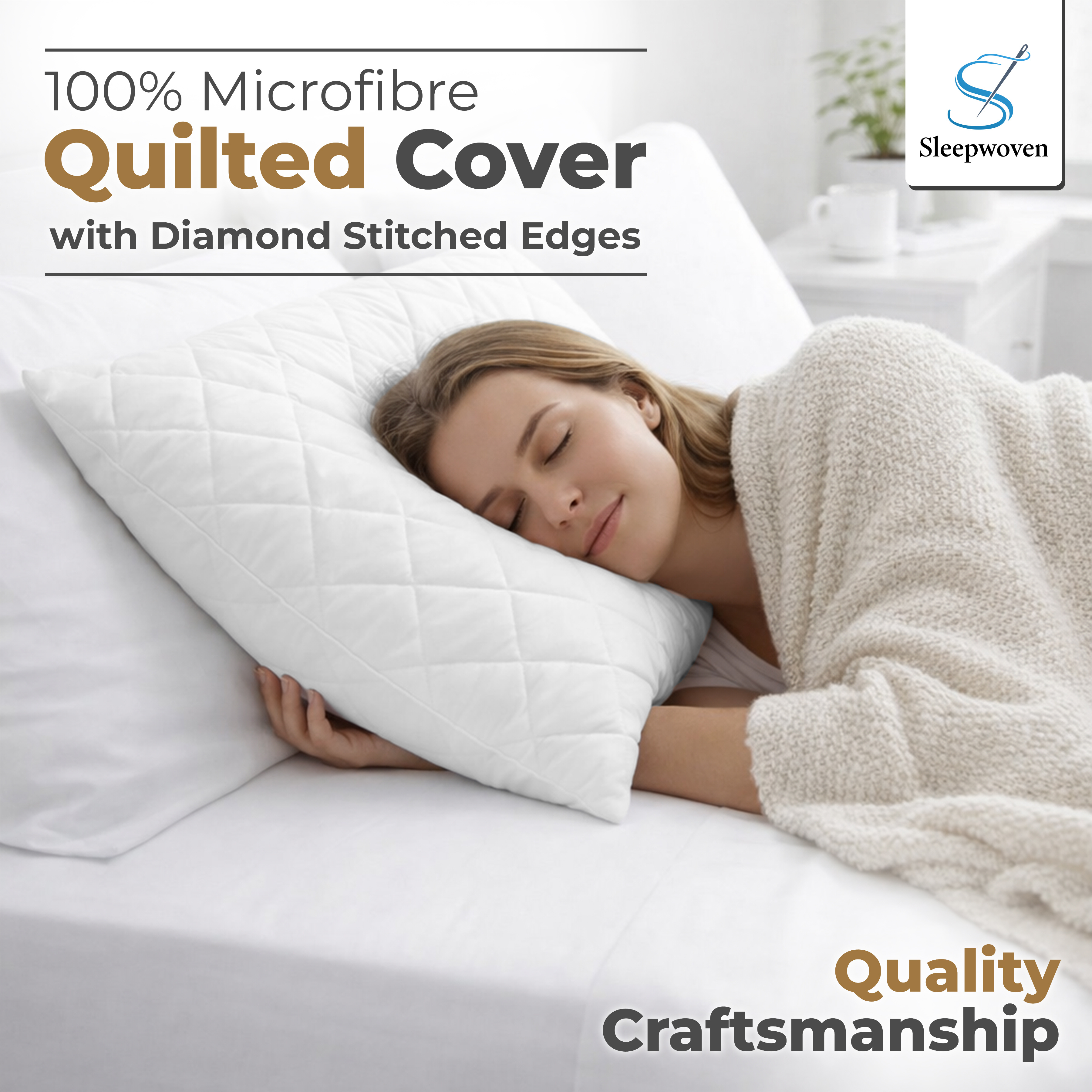 Quilted 2 pack Filled Pillows, Soft Medium Sport Pillows, Luxury Soft Hollow Fibre Filling, UK Standard Size, Quilted Design with Medium Firmness, White - 74 x 48 cm