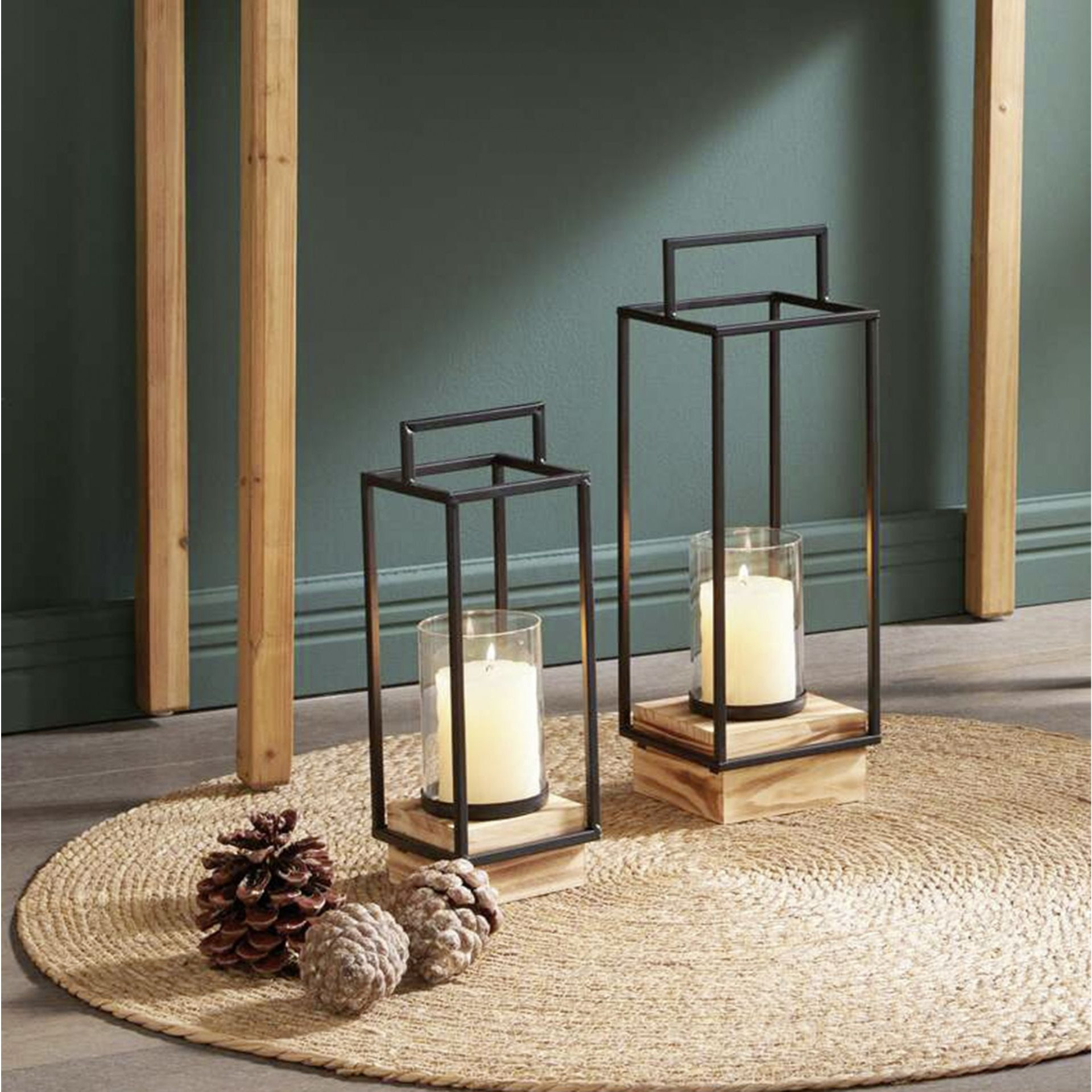2x Lantern "modern Industrial" Made Of With Wooden Base, 35 + High