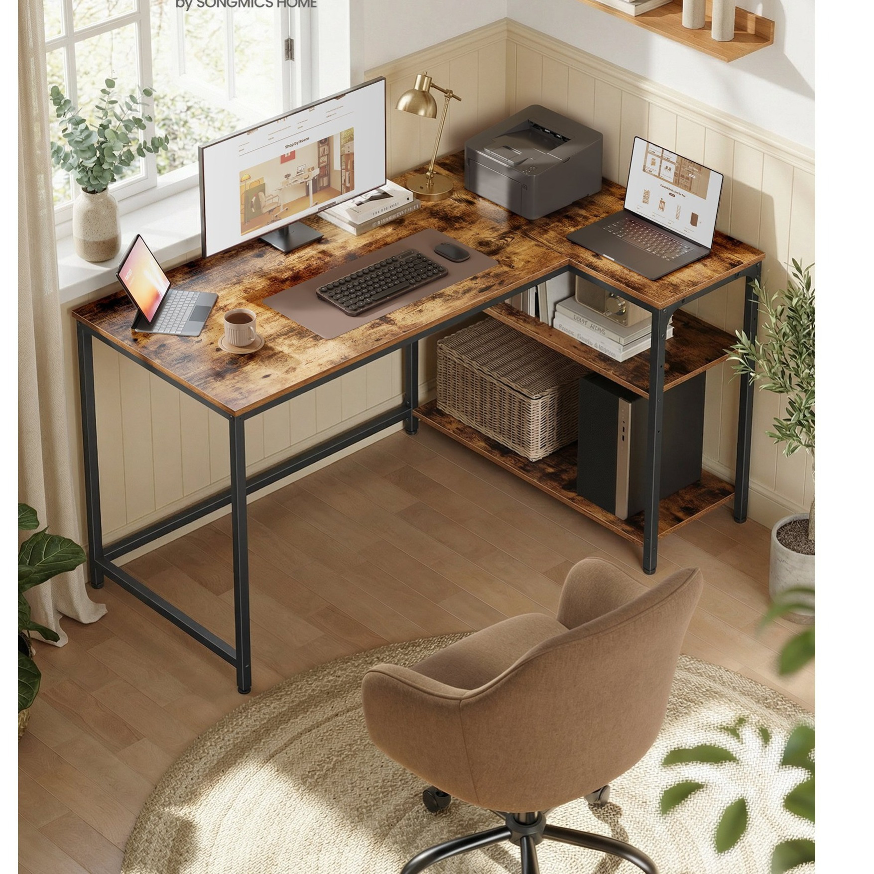 TEMU Eckschreibtisch in L-Form, Computertisch mit Stauraum, Bürotisch, höhenverstellbare Ablage, 120 x 80 cm,für Homeoffice