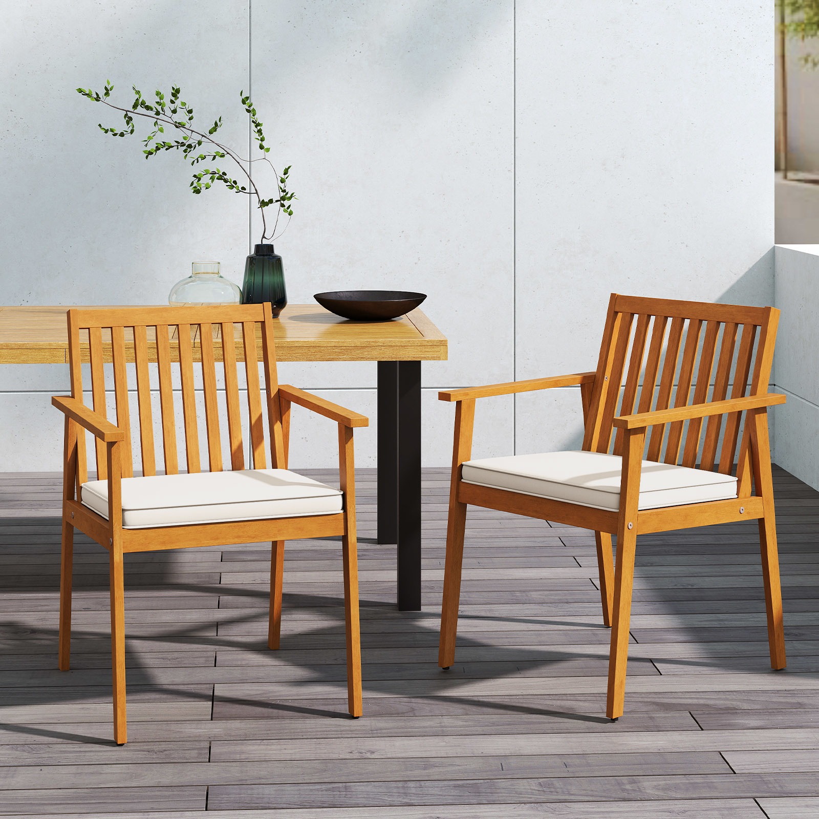 Image of Set Of 2 Acacia Wood Garden Chairs, Outdoor Armchairs With Adjustable Glides, Slatted Backrest And Removable And Washable Cushion, For Dining Room