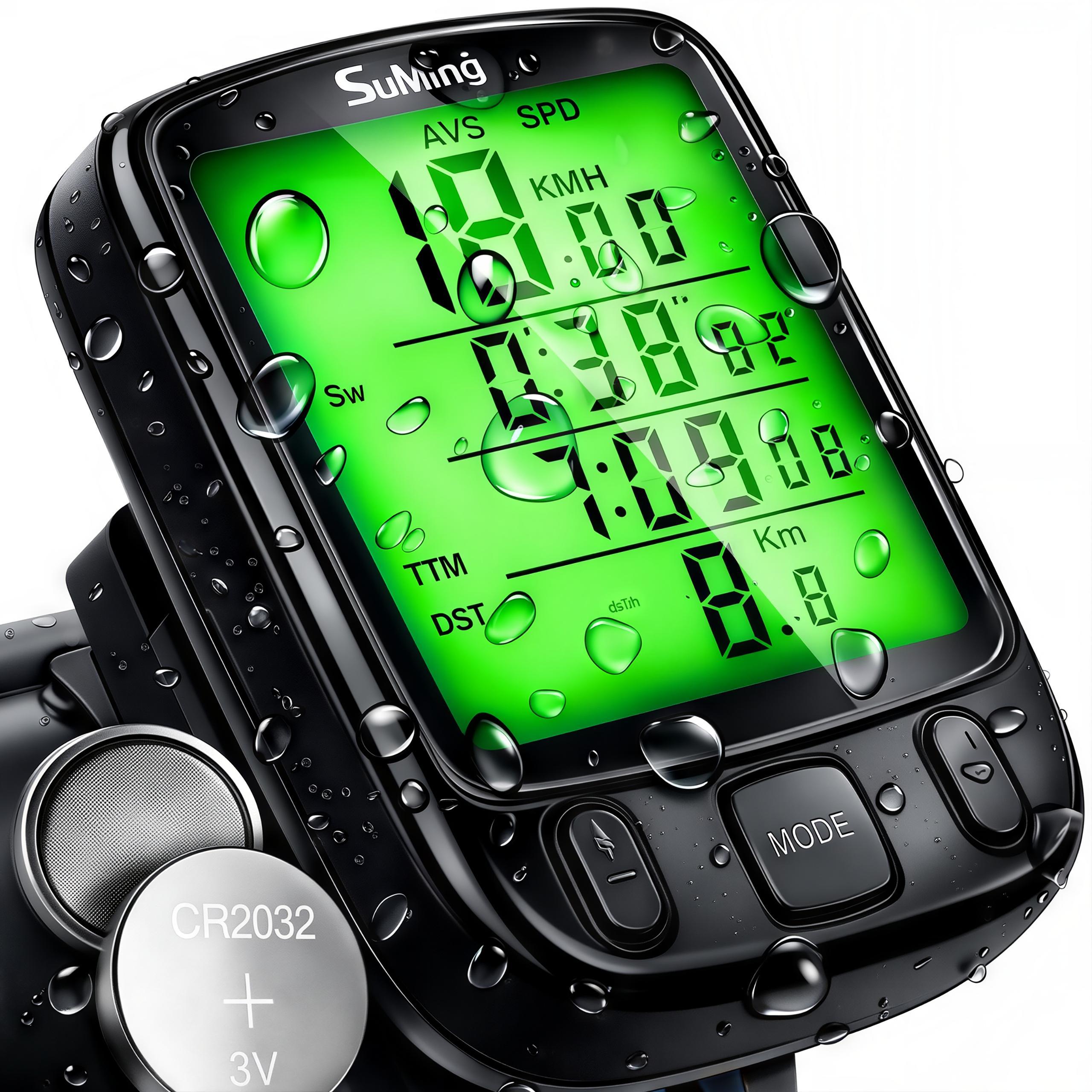 bike computer with backlight lcd 25 functions speedometer for bikes measuring current   and   measuring total and daily distance measuring   and   12h 24h clock stopwatch thermometer comparing current speed to   counting time and distance alarm for   and reminder about oil change warning about excessive speed automatic backlight battery saving mode   on handlebars ideal for training and daily riding