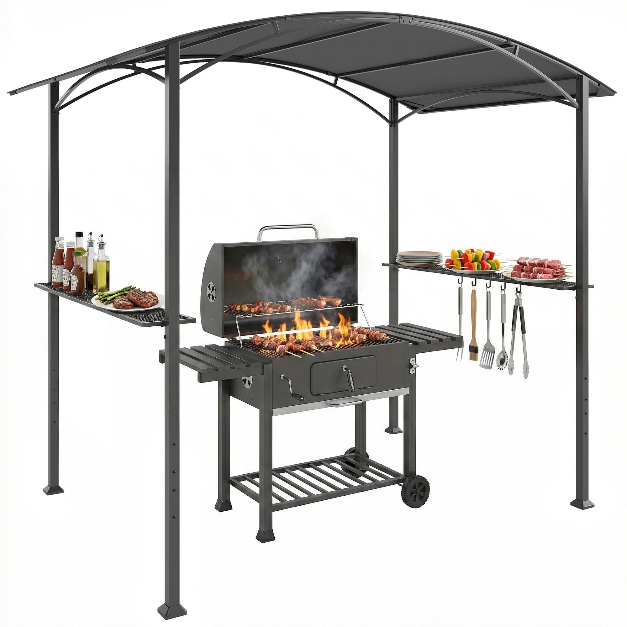 Outsunny BBQ Беседка 2.5x1.5 м, Барбекю Пергола с 2 Странични Рафта и Куки, Стоманена Рамка и Полиестерен Покрив за Градина, Тъмно Сива