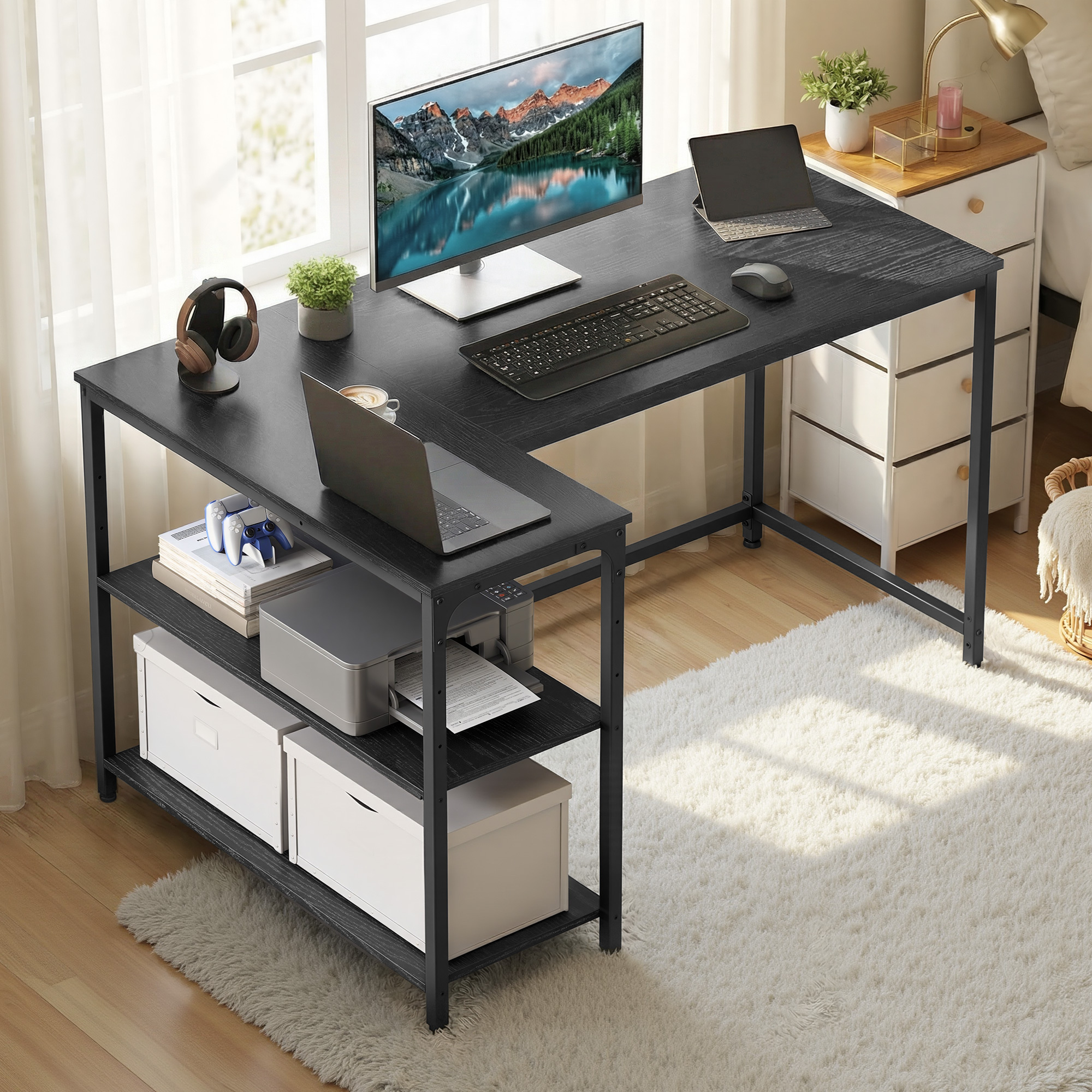 L-shaped Desk With Storage, Computer Desk, Office Desk, Height-adjustable Shelf, 120 X 80 Cm, For Home Office