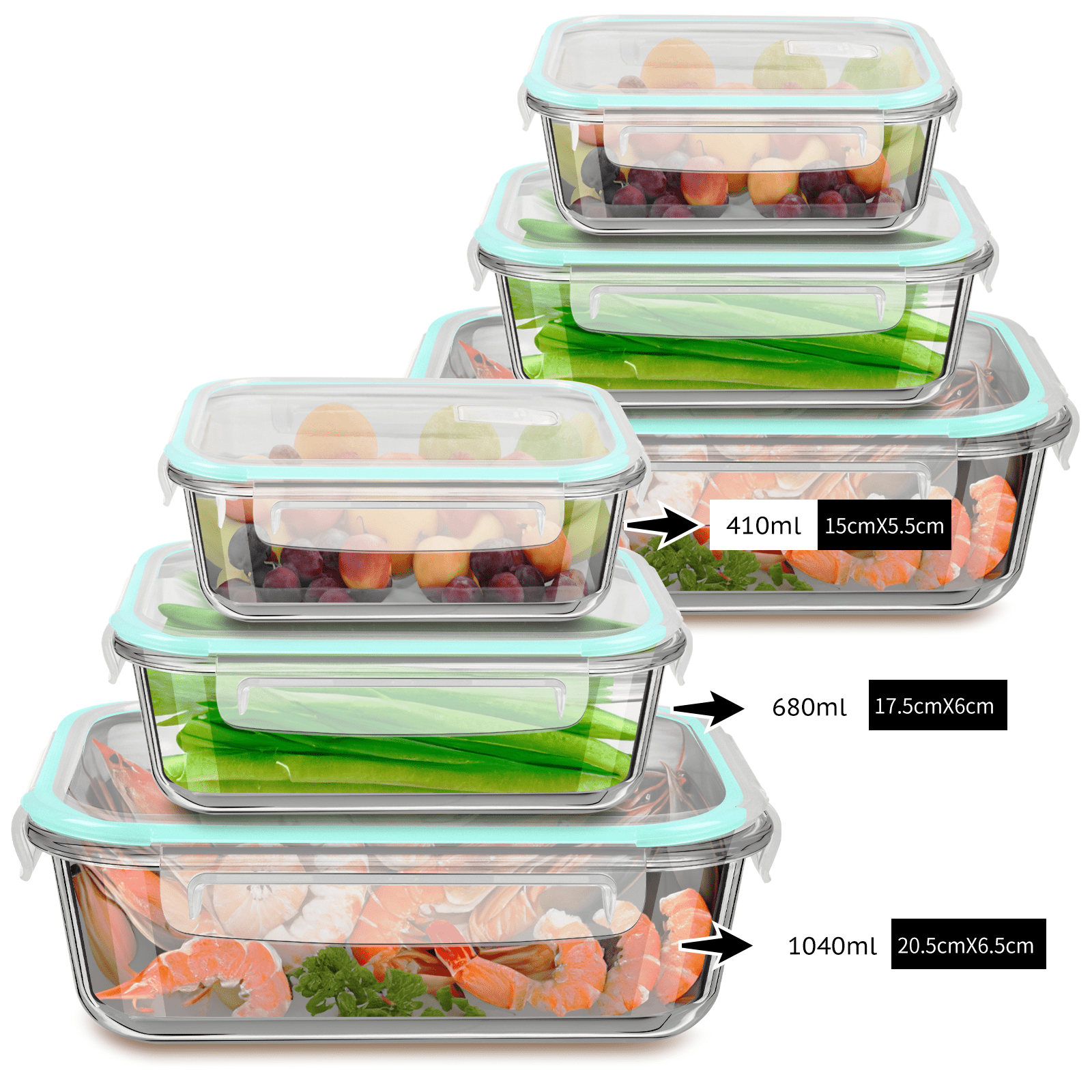 E-shop 6er Meal Prep Boxen Glas, Glasdosen mit Deckel, Vorratsdosen Frischhaltedosen Glas mit Deckel, Glasschüssel mit Deckel (1040mlx2, 680mlx2,