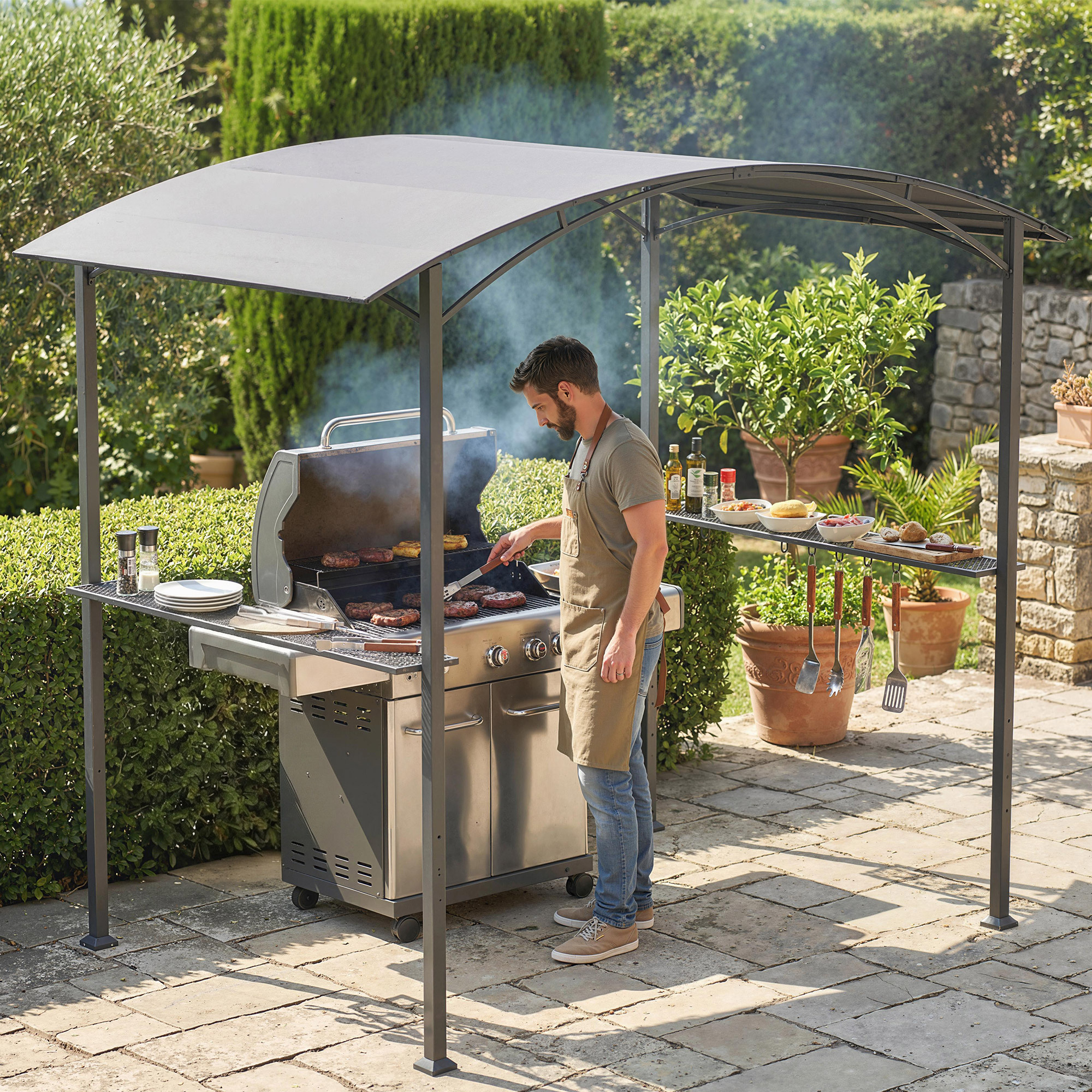 Outsunny BBQ Беседка 2.5x1.5 м, Барбекю Пергола с 2 Странични Рафта и Куки, Стоманена Рамка и Полиестерен Покрив за Градина, Тъмно Сива
