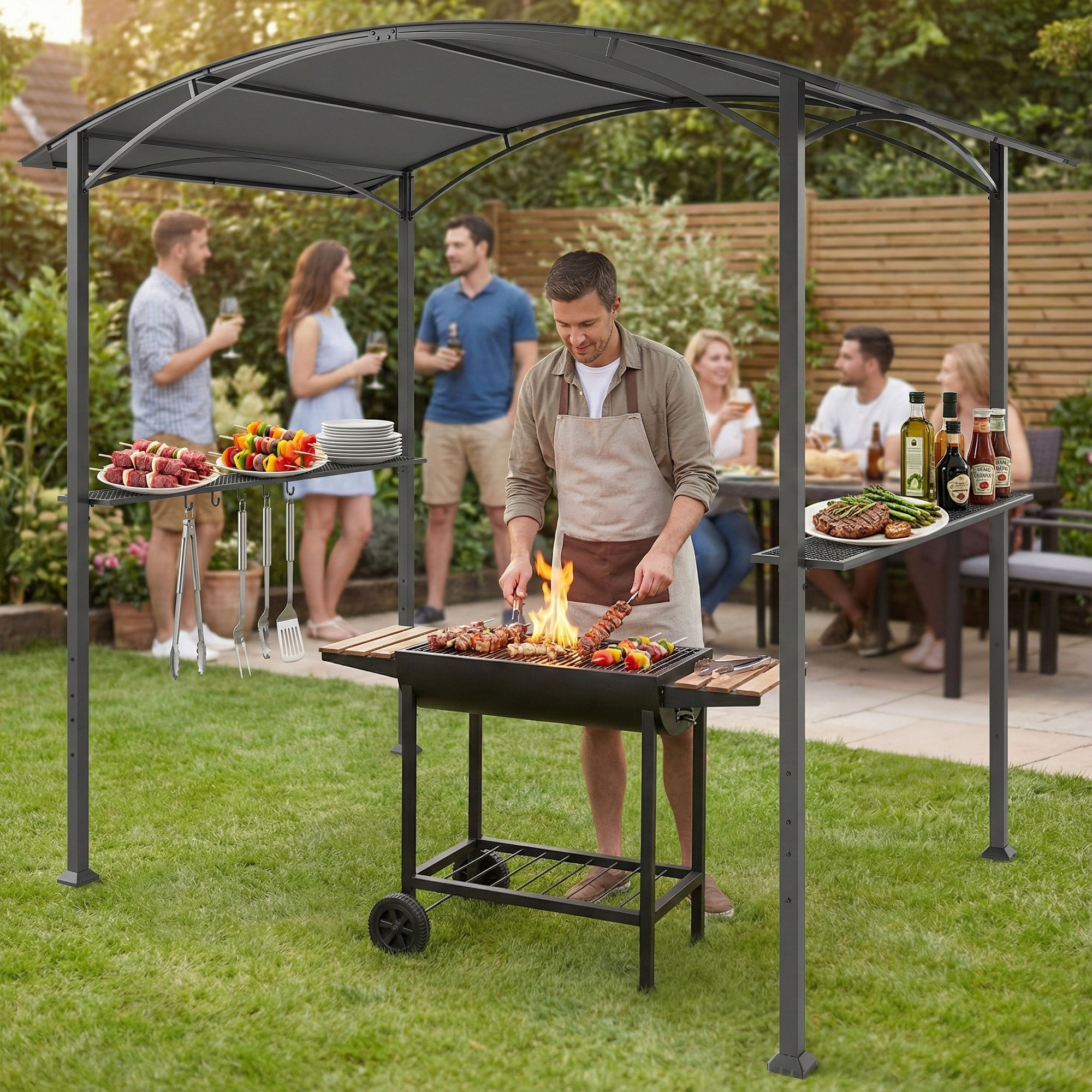 Outsunny BBQ Беседка 2.5x1.5 м, Барбекю Пергола с 2 Странични Рафта и Куки, Стоманена Рамка и Полиестерен Покрив за Градина, Тъмно Сива