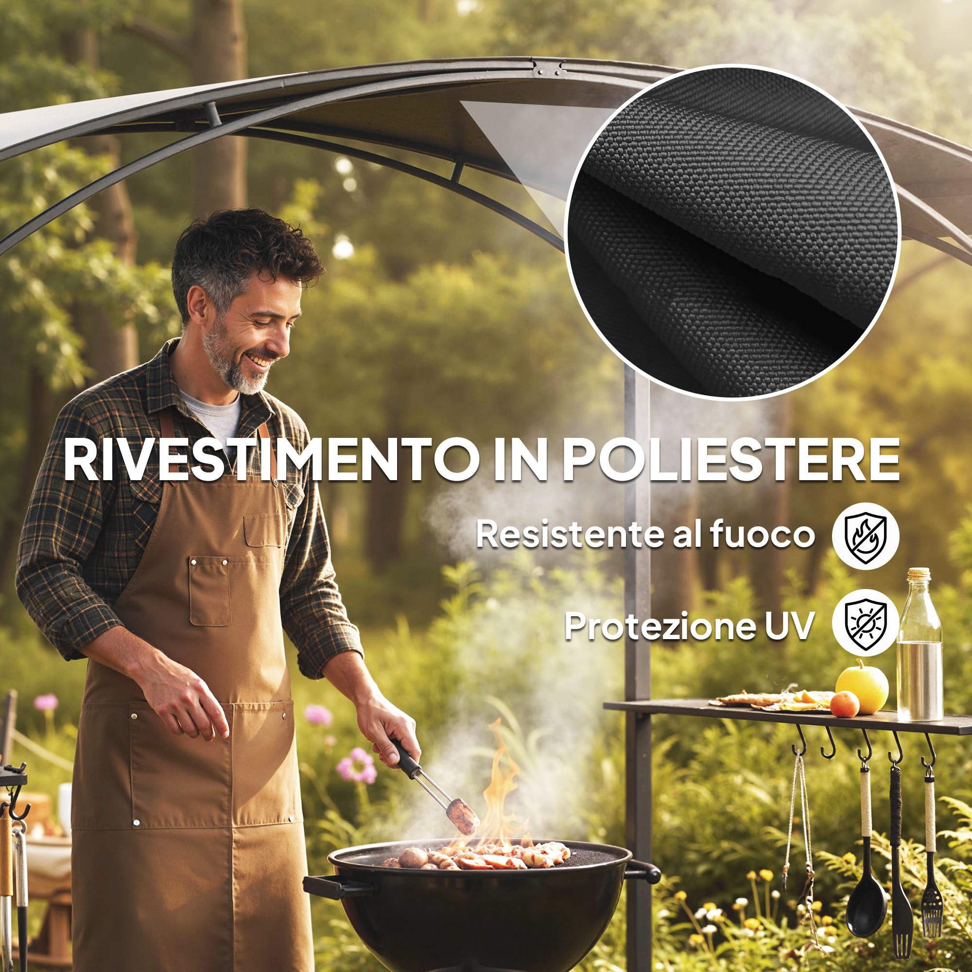 Outsunny BBQ Беседка 2.5x1.5 м, Барбекю Пергола с 2 Странични Рафта и Куки, Стоманена Рамка и Полиестерен Покрив за Градина, Тъмно Сива