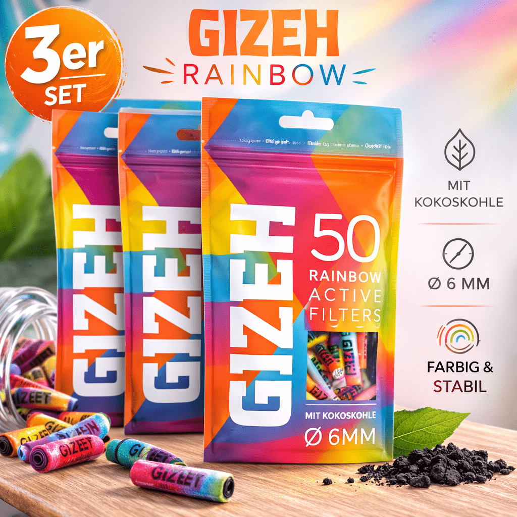 E-shop GIZEH Rainbow Aktivfilter Ø 6 mm – 3er Set (3 × 50 Filter) – Farbige Aktivkohlefilter mit Kokoskohle