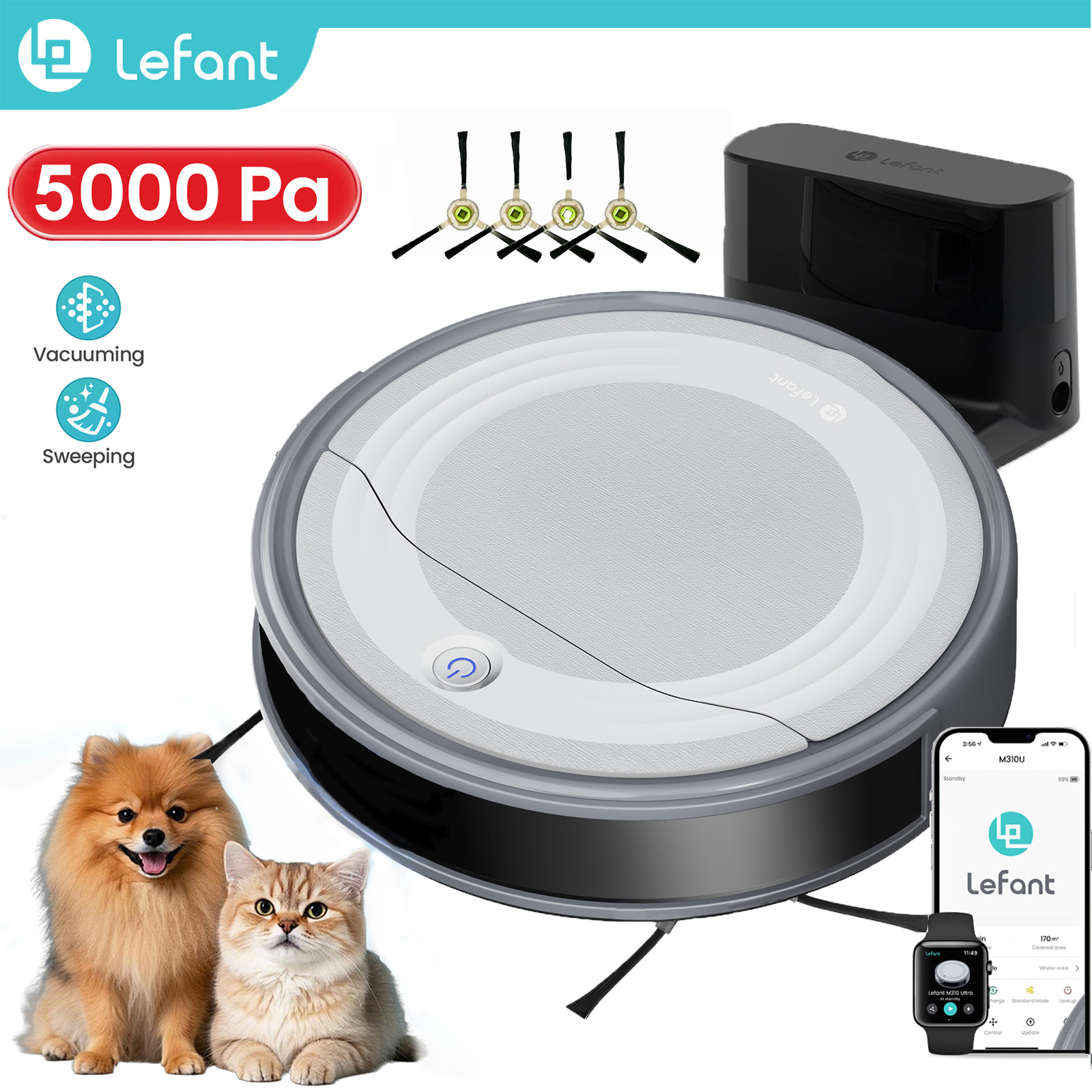 TEMU Lefant / Ultra Aspirateur robot , 5000 Pa/7000 Pa d’aspiration élevée, évitement d’obstacles PSD, 170 Min. Design compact et élégant, idéal pour
