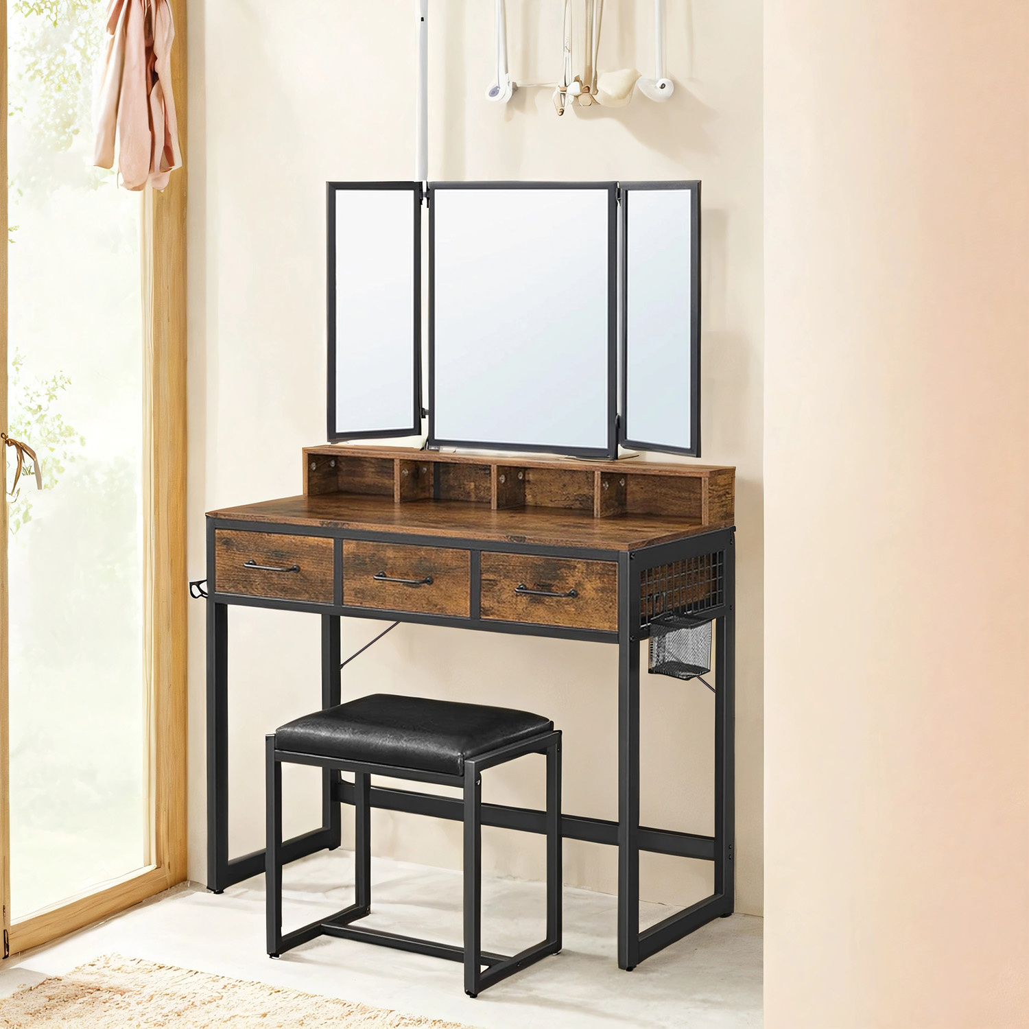 Double Vanity Set With Padded Stool, Makeup Table With Triple Mirror, 3 Drawers, Dressing Table