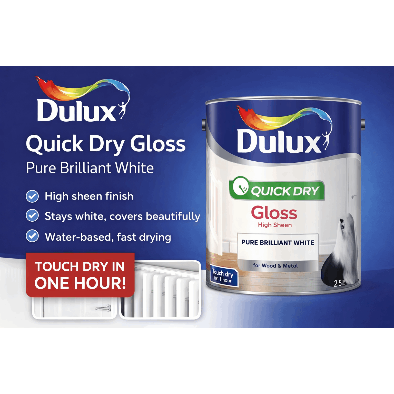 TEMU Dulux Quick Dry Gloss 2.5l Pure White – High Shine & Metal Paint – Fast Drying Durable Finish