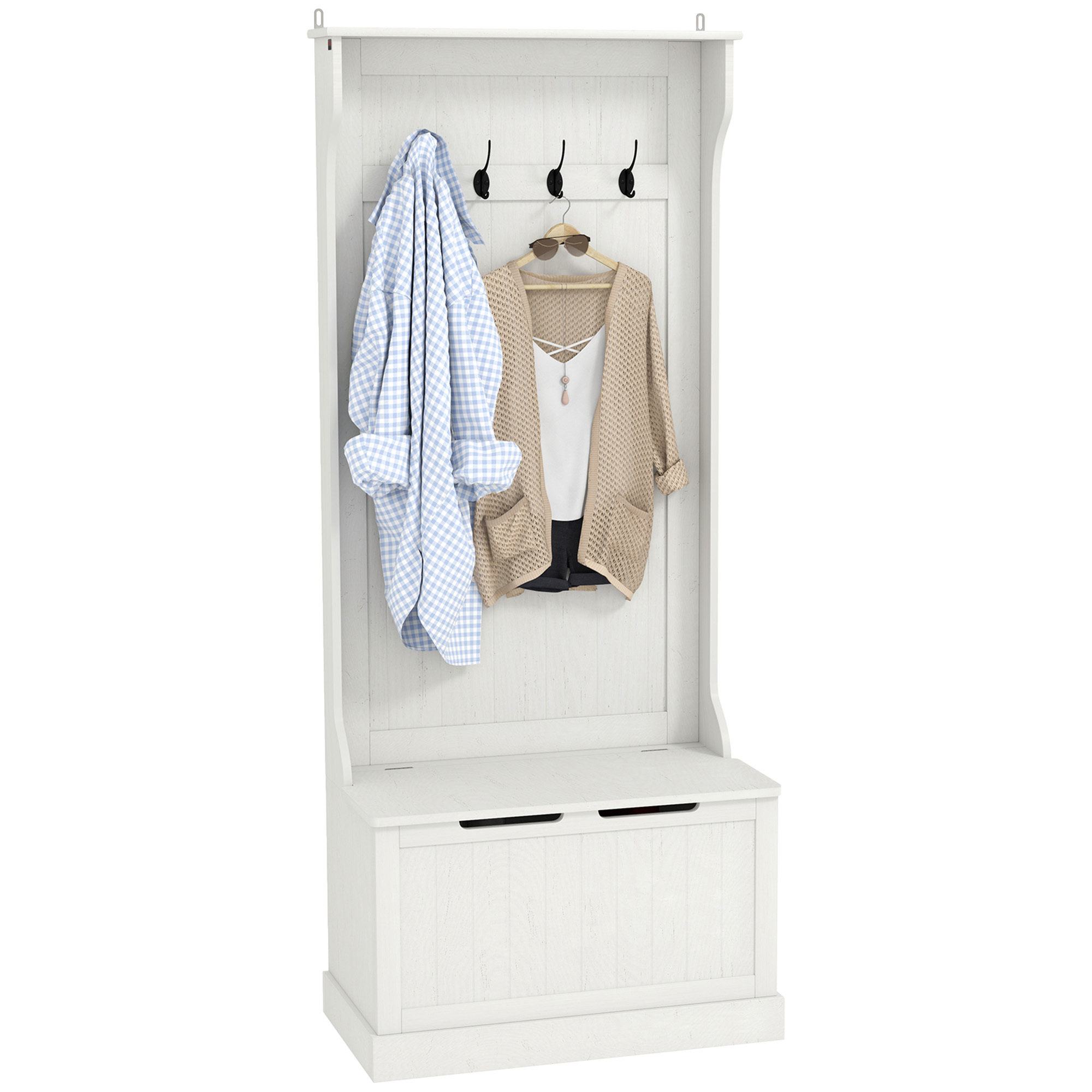 Image of Homcom Shoe Rack, Coat Rack With Storage Bench, 4 Hooks, For Hallway, Bedroom, Living Room, , 71.5x39.5x170 Cm, White