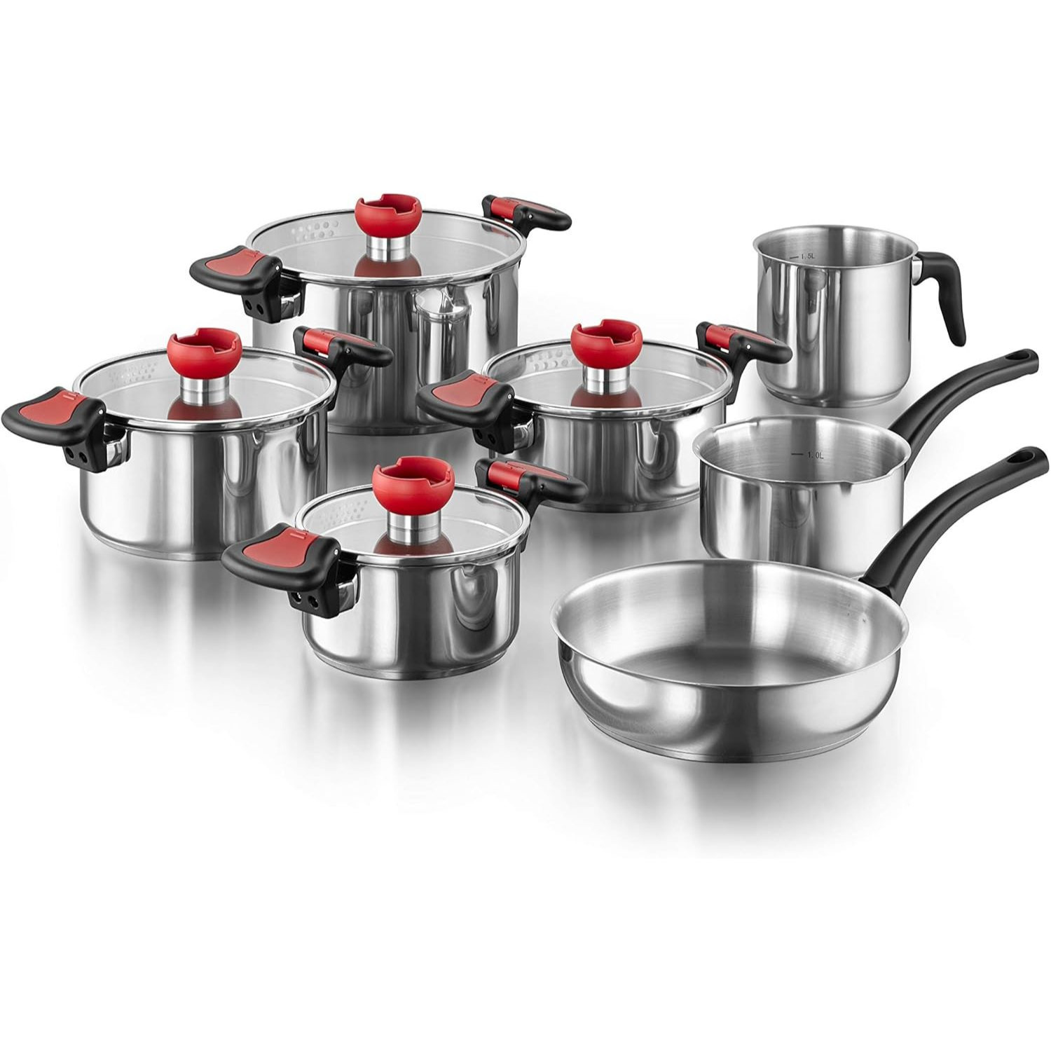 Kopf Stainless Steel Cooking Pot Set I Induction Pots Set With Lid, Smart Pouring Spout & Integrated Strainer Function I Includes Glass Lid