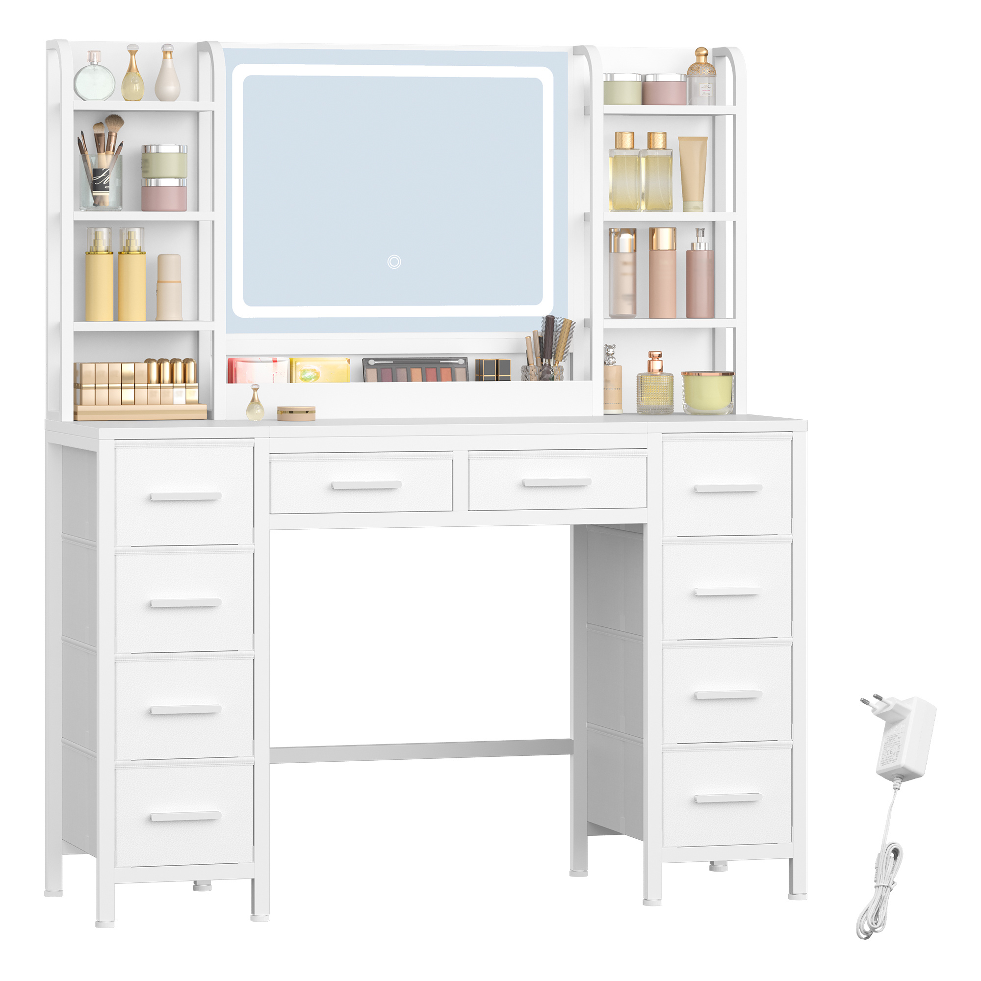 119.5 Cm Dressing Table With Mirror, Makeup Dressing Table With Led Lights, 3 Colors, Adjustable Brightness, 10 Drawers, 8 Open Compartments, White