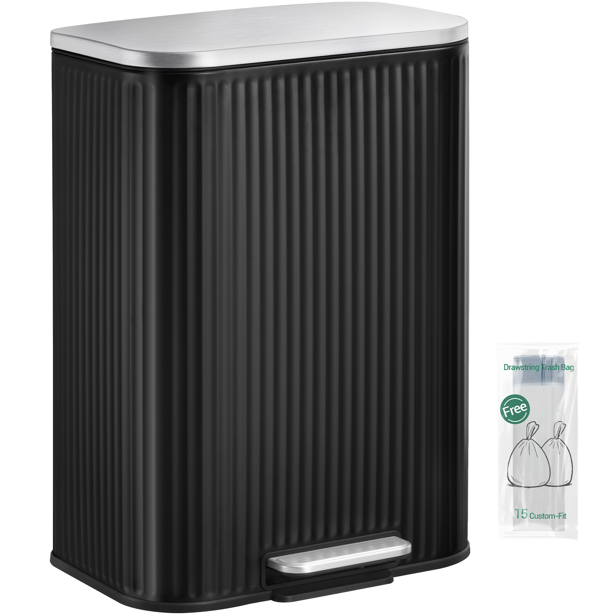 TEMU de basura de cocina de 50 pedal y contenedor interior extraíble, diseño de rayas verticales, de cierre con 15 bolsas, acero