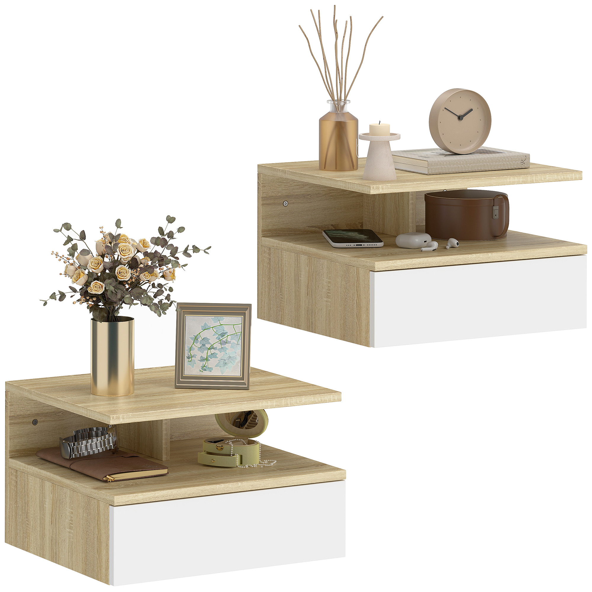 TEMU HOMCOM Juego de 2 Mesitas de Noche Flotantes con Cajón, de Noche Dormitorio, en la Pared, Estilo Moderno, para , 35x32x22,5 cm, y