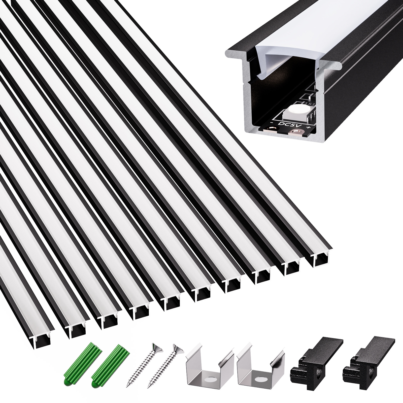 20-pack X 1m Aluminum Profile, U-shaped Led Channel System Black With Milky White Light Covers For Led Strips/strips/strip