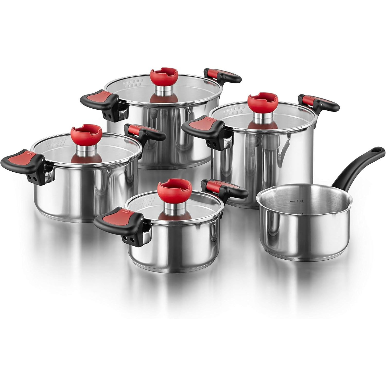 Kopf Stainless Steel Cooking Pot Set I Induction Pots Set With Lid, Smart Pouring Spout & Integrated Strainer Function I Includes Glass Lid