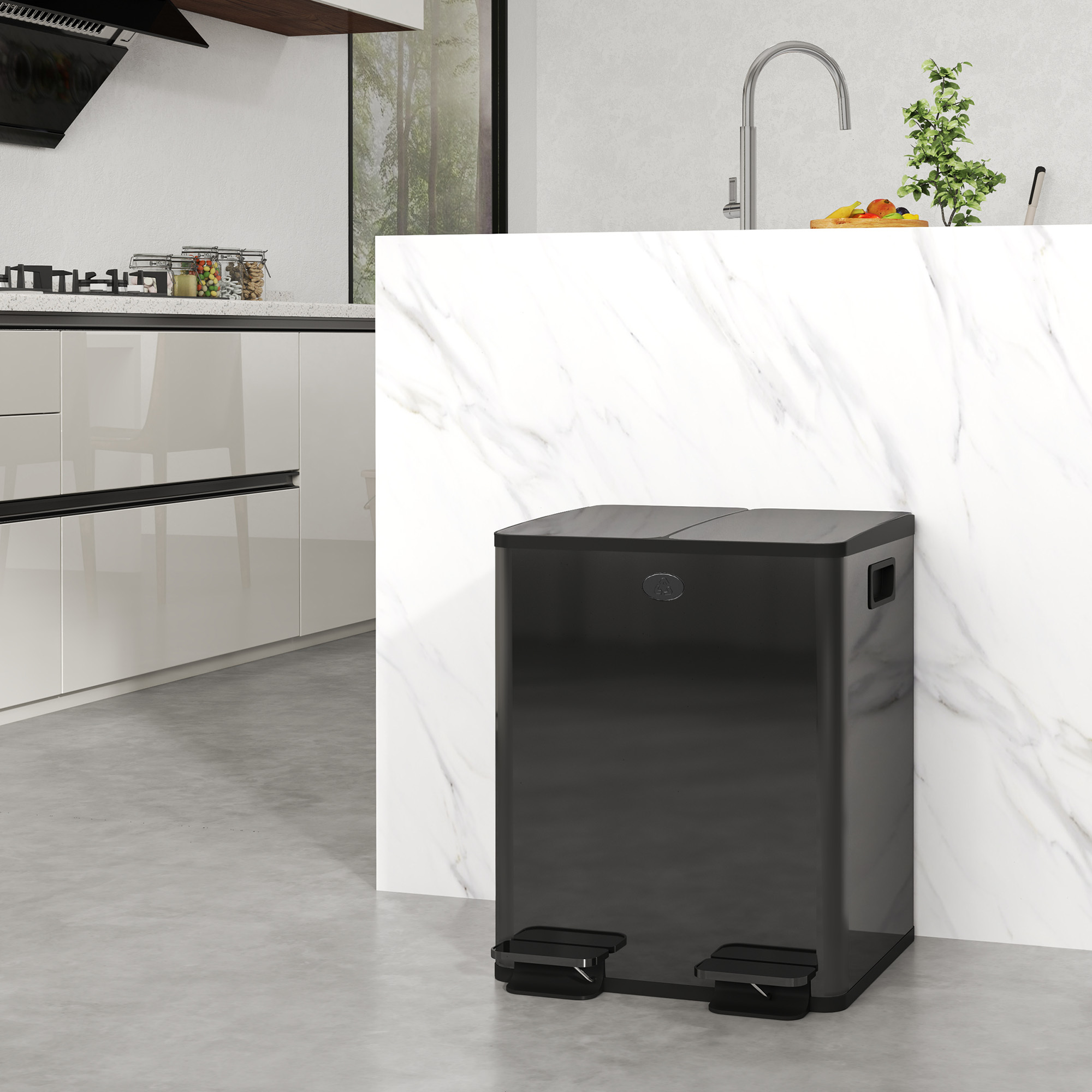 Trash X 20l Stainless Steel Waste Bin With Waste System, Lid, Removable Inner Buckets, Deodorant Compartments, Step Trash Can For Home, Black