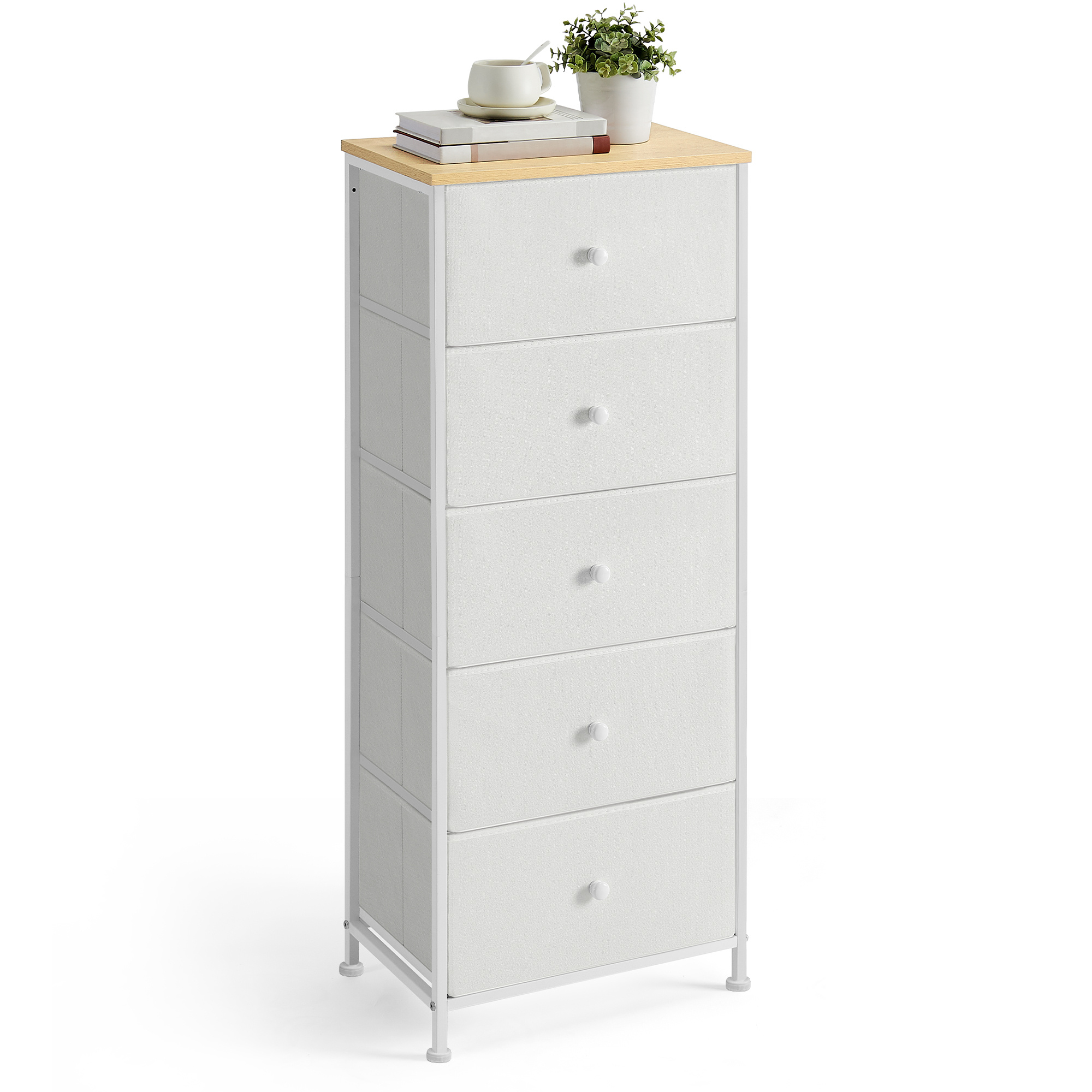 TEMU Dresser, Storage Cabinet With 5 Fabric Drawers, Metal Frame, Tall And Narrow, -cream White