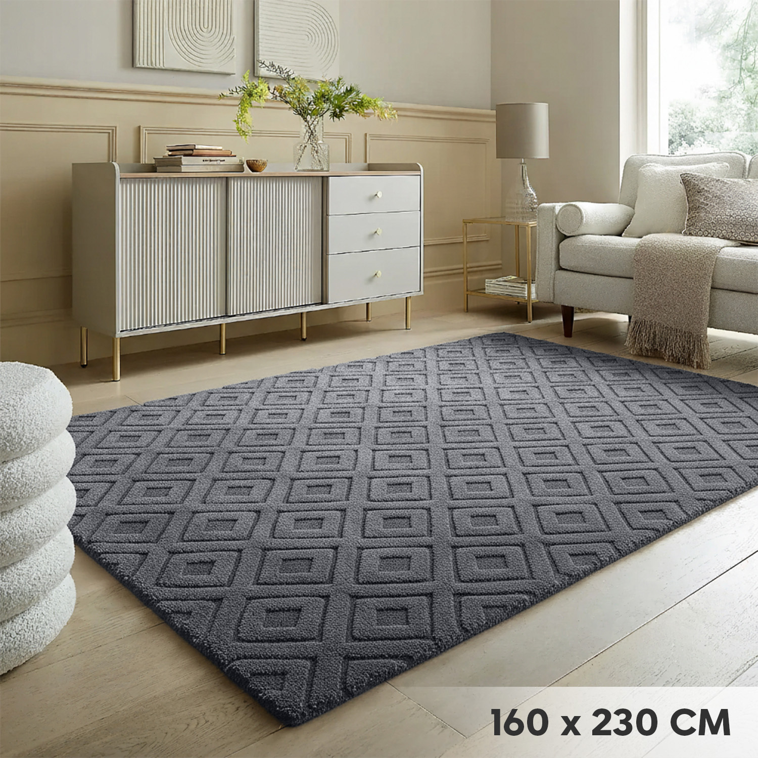 TEMU 1pc Soft Plush Shaggy Rug – Cozy Rug For Living Room, Non-slip Machine Washable Carpet With Hollow Square Pattern, Decorative Large Area Rug For