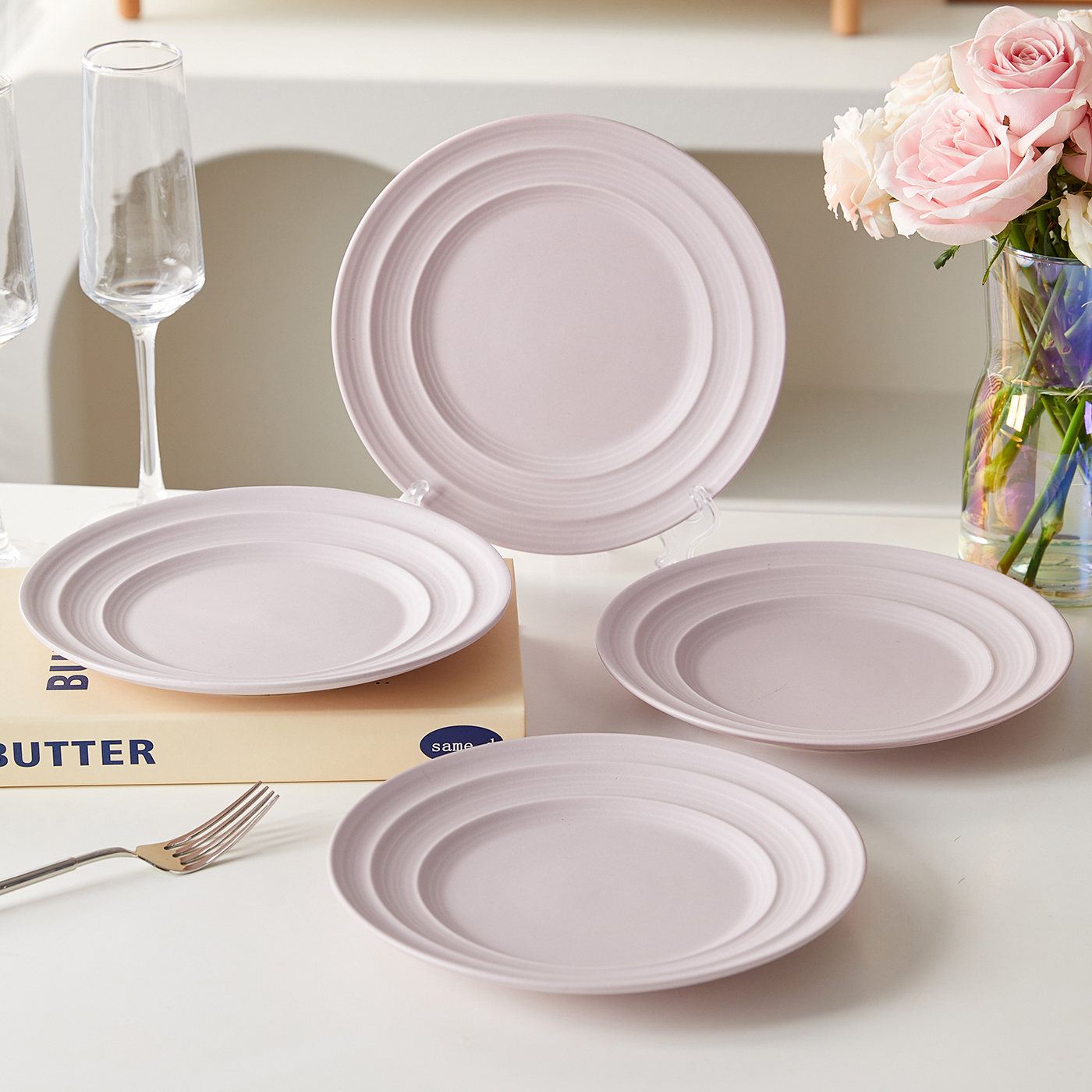 TEMU 4-piece 8.5-inch, Ø21.4cm Ceramic Dinnerware Set, Plate Set, High-quality Ceramic, Salad Plates, Dessert Plates, Light Luxury, Non-slip And